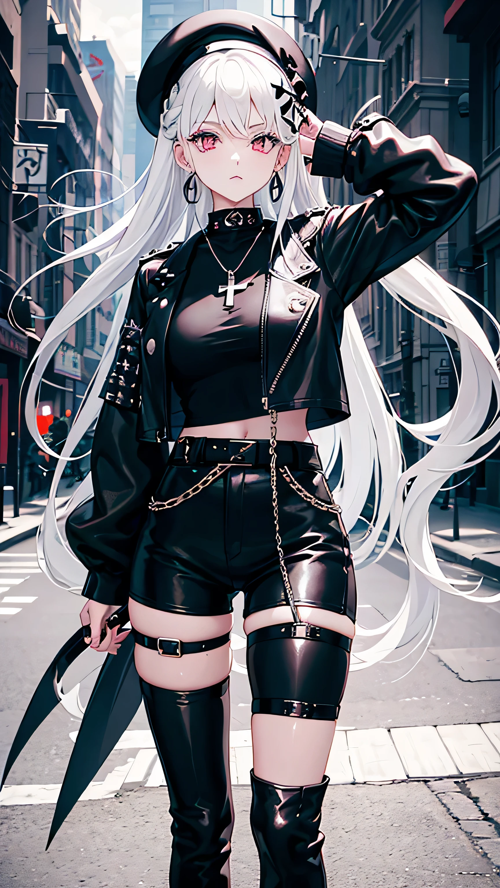 girl holding a black bat , white haired with long Punk ponytail , Wear a beret , cross earrings , cross necklace, has dragon horns , Wearing a black leather biker jacket, black leather pants, Wear a star chain on your waist.,  tattoo , Two-color eyes , city scenery , cool , Punk , Night Light  , High quality 
