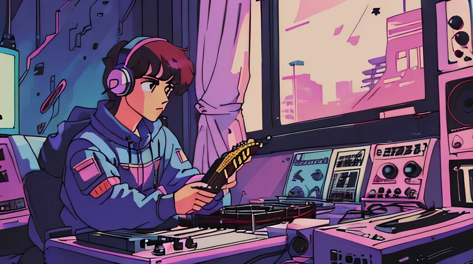 Shot of man listening to music with headphones, Text Why you, Super detailed, retro wave, cyber punk, Sad atmosphere, night light through the window, night vibes, room, 2D, (long shot), wide shot, (Film noise), Old cartoons, (lots of records:1.3), vinyl record shop, (masterpiece, highest quality, highest quality, official art, beautiful and aesthetic: 1.2), (very detailed, (fractal art: 1.4), guitar, (notebook: 1.4), ( Lo-Fi Hip Hop), Side view, Old anime texture, alone, loudspeaker, cyber punk, vinyl, night