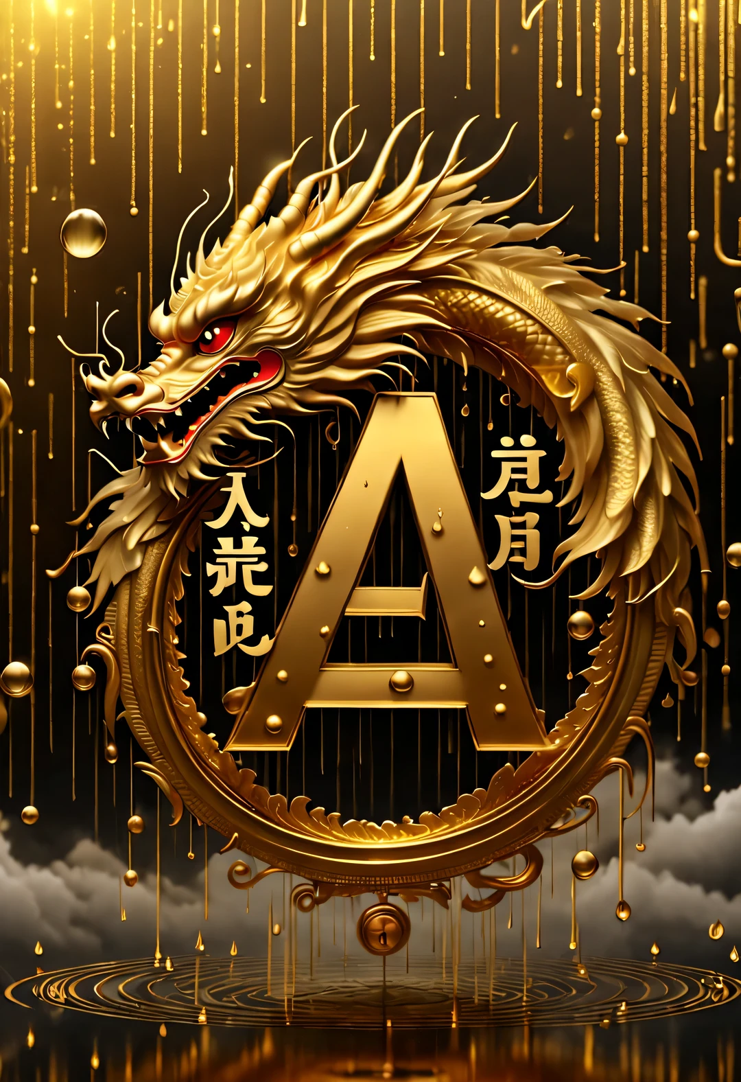 （It&#39;s raining like crazy，There are lots and lots of golden letters：1.37），Heavy rain pours gold wire，Many vertical transparent English letters &Quote;AI&Quote; Width），Golden transparent English letters &Quote;AI&Quote; ，Display English letters vertically &Quote;AI&Quote; ，There is a golden Chinese dragon inside a small circle in the center，Dynamic action style，Background Black