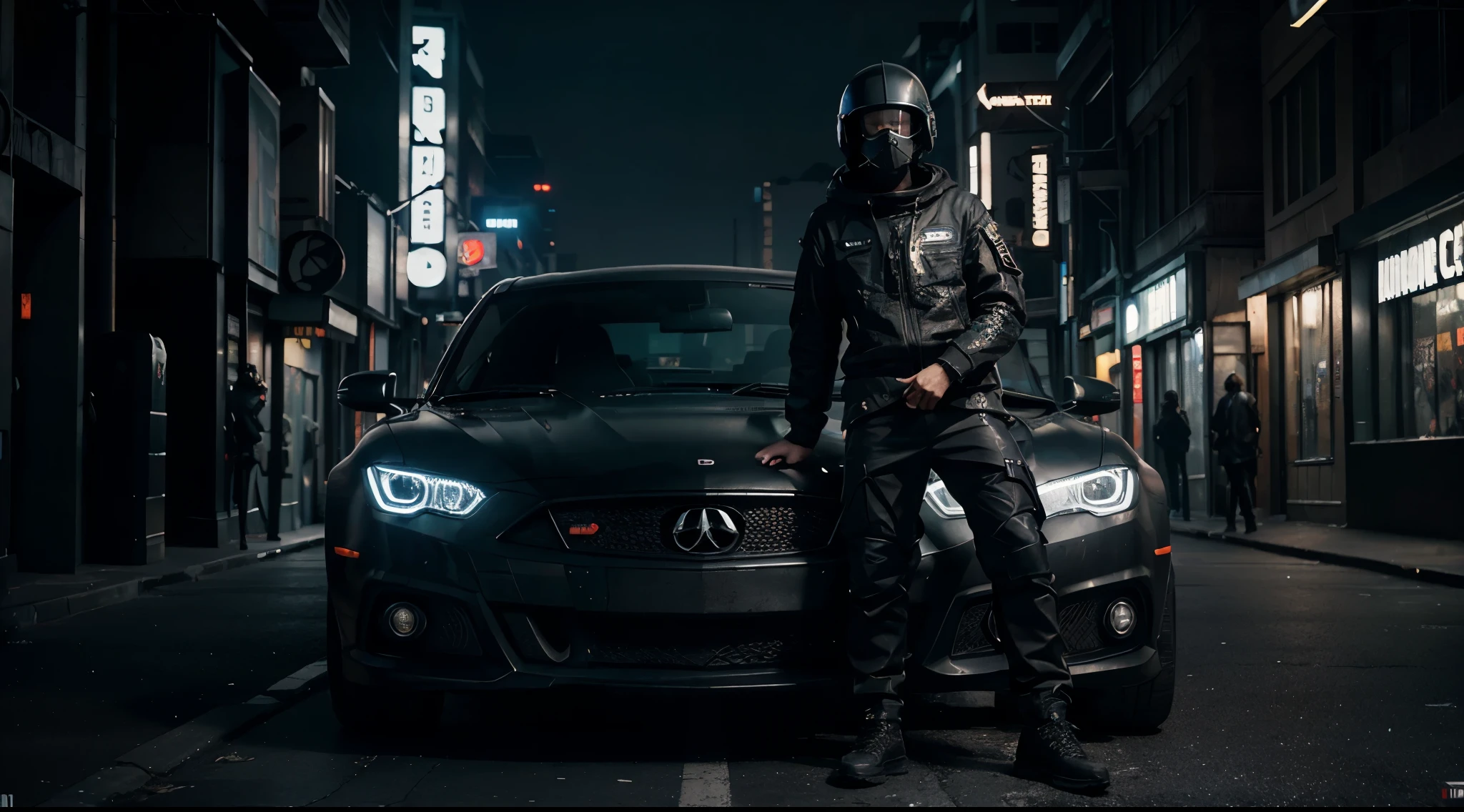 (masterpiece, full body shot, intricate raw photography) Cyberpunk military,cyberpunk sport car, comfortable oversize black hoodie, black cargo pants, black clothes, dark, wearing a black helmet hitech style Astronaut, intricate, futuristic, advanced technology, dark environment, dramatic, light and shadow, cinematic, action movie, sharpness, random relaxed position, Cyberpunk City, street lights, dark street, night, Insta photo, photo of the year, octane render, substance, Maya 3D,  cinema4D, ArtStation Trending, Devian Art Trend,