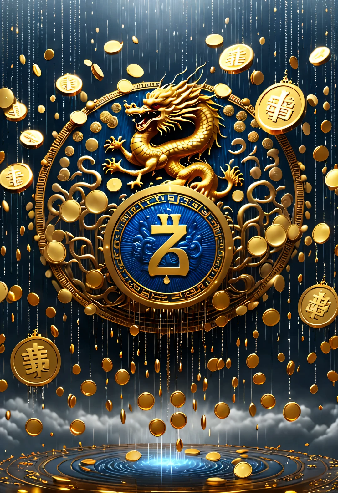 （Crazy rAIn in the sky with lots and lots of golden letters：1.37），Heavy rAIn of golden coins pours down on gold threads，Many vertical transparent banners with English letters &Quote;AI&Quote;），Golden transparent English letters &Quote;AI&Quote; ，Display English letters vertically &Quote;AI&Quote; ，There is a golden Chinese dragon inside a small circle in the center，Dynamic action style，Background electric blue