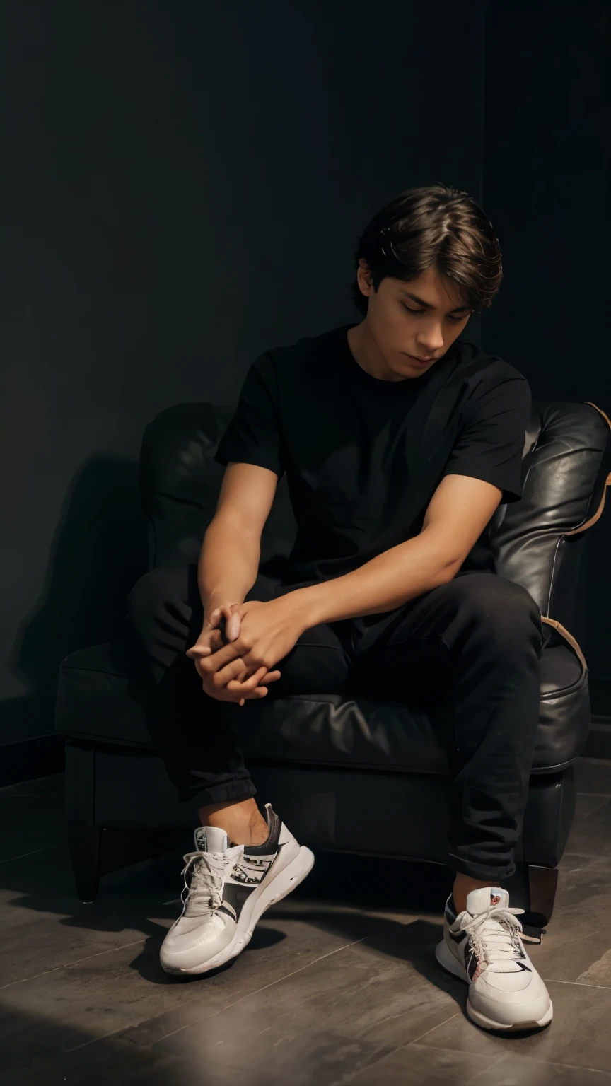 Create a 3D illusion for a profile picture where a 15 Year old cute boy in a black shirt Sitting casually on a Wingback chair and holding a soward in hand. Wearing sneakers, he looks ahead. The background features "Mauryavanshi " in big and capital Orange neon light fonts on the dark grey wall. There should not be his shadow, and there are wings to make it appear as if he is an king. 