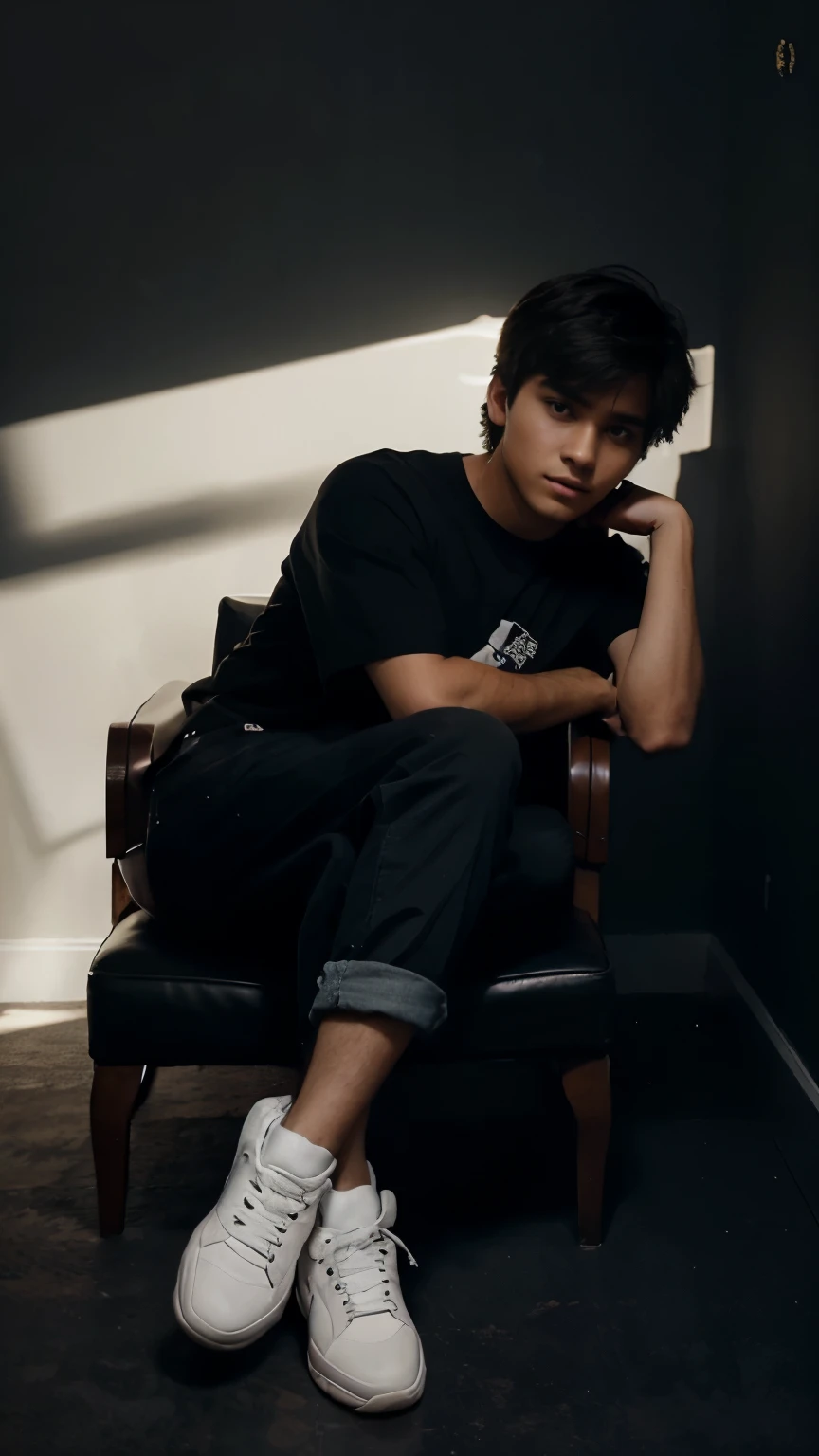 Create a 3D illusion for a profile picture where a 15 Year old cute boy in a black shirt Sitting casually on a Wingback chair and holding a soward in hand. Wearing sneakers, he looks ahead. The background features "Mauryavanshi " in big and capital Orange neon light fonts on the dark grey wall. There should not be his shadow, and there are wings to make it appear as if he is an king. 