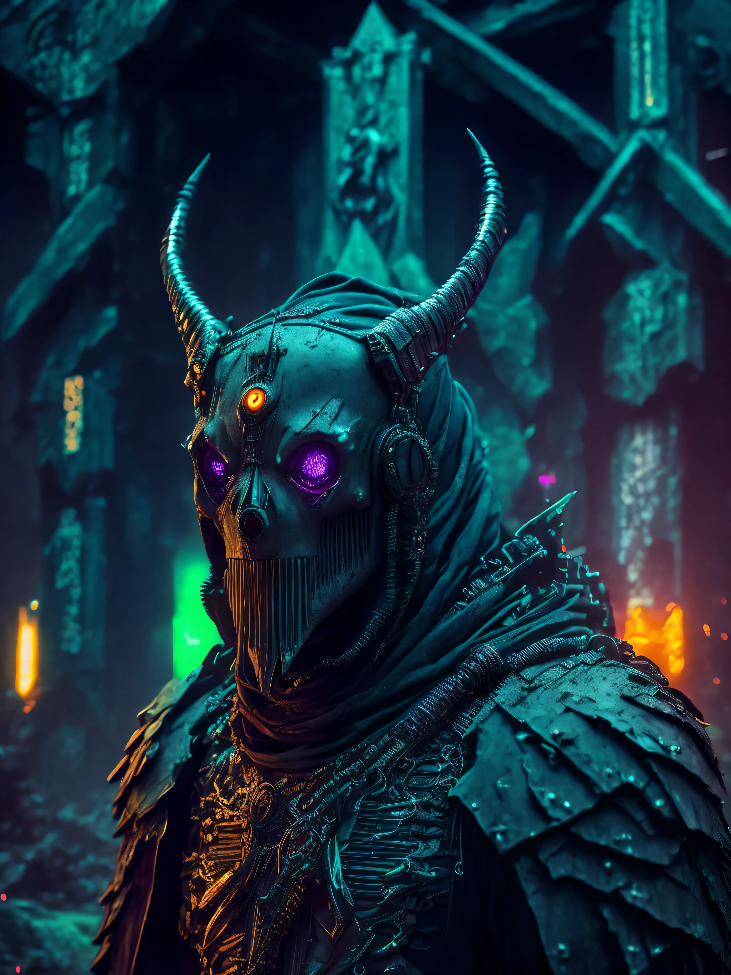 a close up of a person in a costume with a bunch of zombies, eso armor, in style of dieselpunk, joker wearing vader's armor, in style of brad rigney, city is pure wasteland, dark blue segmented armor, african cyberpunk wizards, he wears dark visors, yokai --auto --s2