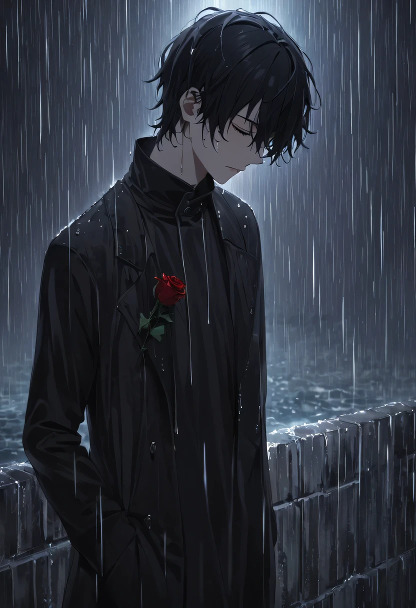 in the cold rain，手捧Wilted roses的男人，Gloomy eyes， and strong，Wilted roses，Wilted flowers，His figure looked particularly desperate。The rain beat down on him mercilessly，但它不KON&#39;Wash away the pain and despair in his heart。His eyes are empty and numb，Seems to have lost hope in life。His lips were tightly closed，It seems that I no longer have the strength to shout out the pain in my heart。His hands hang limply at his sides，There is no warmth in the palm。Soaked，Pressed against his body，Highlighting his thin figure。his shoulders trembled，As if trying his best to suppress the despair in his heart。His eyes were dull，without any focus，It seems that I have lost all expectations for this world。The sound of rain is harsh，As if laughing at his helplessness and despair。He closed his eyes，Trying to block everything in this world，But the despair inside is even stronger。He felt like he was about to be swallowed up by the rain，KON&#39;can&#39;t find a way out。Everything around becomes blurry and indifferent，He felt like he was slowly disappearing into the cold rain。His heart was torn to pieces by despair，KON&#39;no longer pieced together。He felt like he was heading towards endless darkness，KON no longer find light and hope。