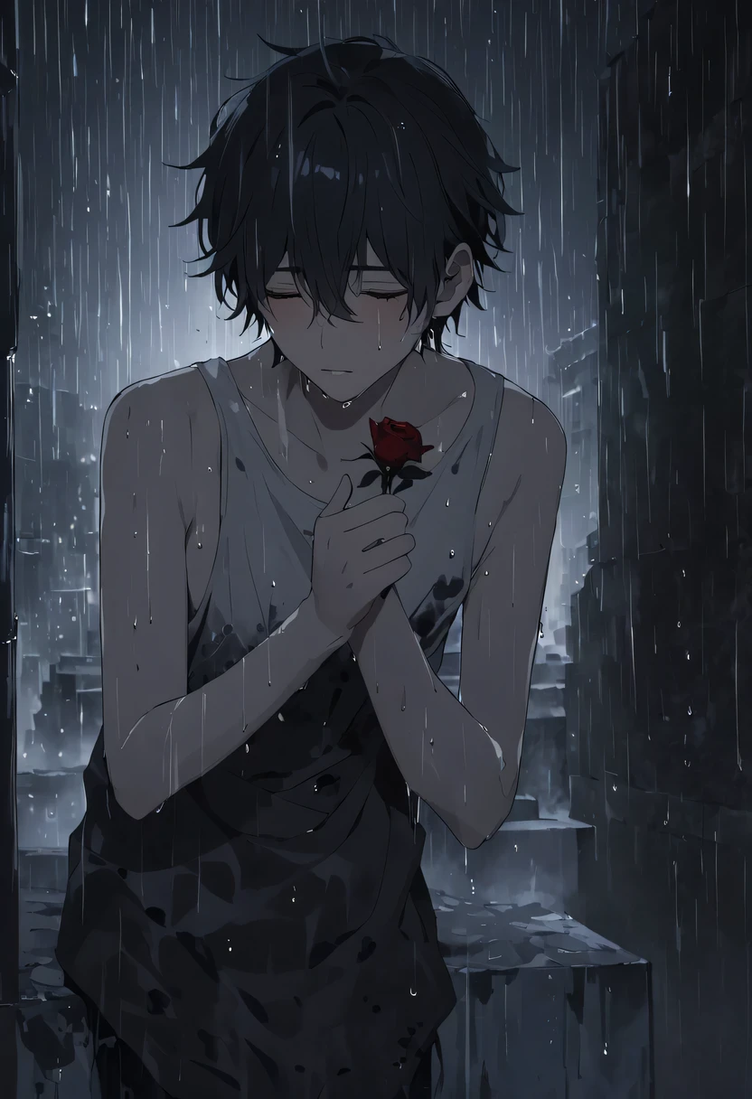 at a busy station，cold rain，Standing alone in the rain，The tightly held roses are scattered on the ground。His eyes were a little confused，The expression is sad，Gloomy eyes， Heqiang，Wilted roses，Wilted flowers，The rain washed his cheeks。He insisted on waiting，Believe that the one you love will come back。