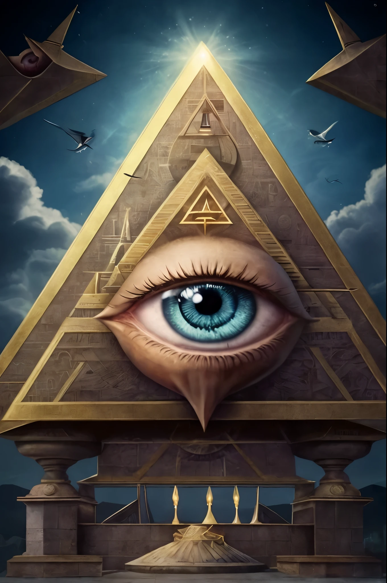 an image of a pyramid with a large eye in it, the eye of providence, all - seeing eye, all seeing eye, eye of providence, ( all seeing eye ), illuminati eye, masonic art, illuminati, 3rd eye, illusion surreal art, mystic eye, ultra detailed symbolism, illuminati symbol, symmetrical epic fantasy art, third eye, eye of horus