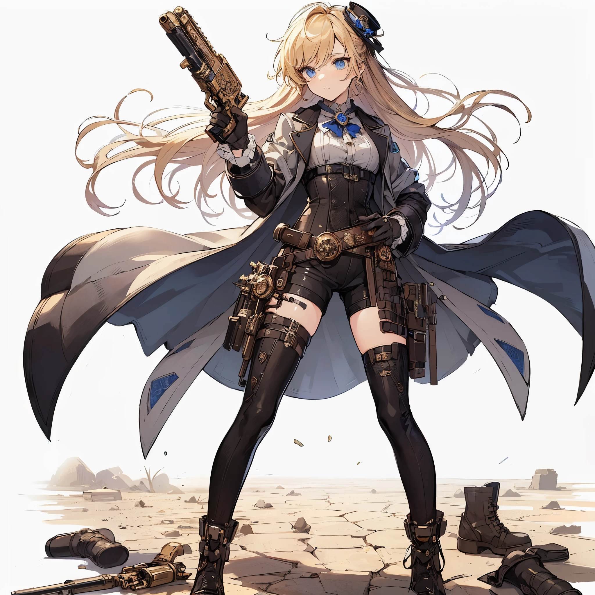 (masterpiece, Best Quality), (Perfect athlete body:1.2), (detailed hairs), Ultra-detailed, Anime style, Full body, Solo, steampunk gunslinger girl, blonde hair, blue eyes, in a stylish pantsuit, held steampunk pistol, wearing long boots, standing on wasteland, 8k high resolution, white background, whole body