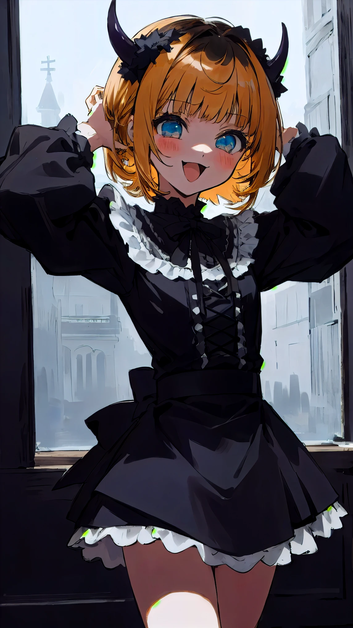 master piece、highest quality、masterpiece、beautiful lighting, 1 girl, alone, MEMcho, Mem-Cho,frills, skirt, Gothic ta, Maid clothes, ((anime style))、((2D))、laughter、open your mouth、thighs、black horns、My favorite 、bob cut、bob hair、blue eyes、blonde、Black hair on the top of the head、