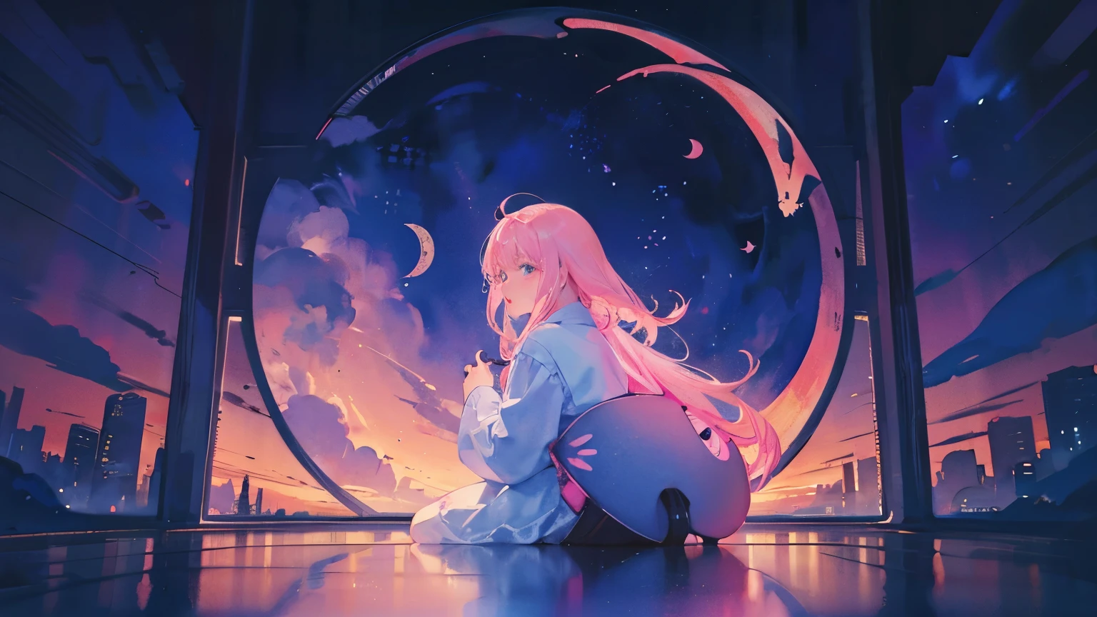 "(best quality,4k,watercolor illustrations,ultra-detailed:1.2),pink tones,depth,room with a wide perspective,night sky reflected in the window,kawaii,crescent moon,spacious room,background"