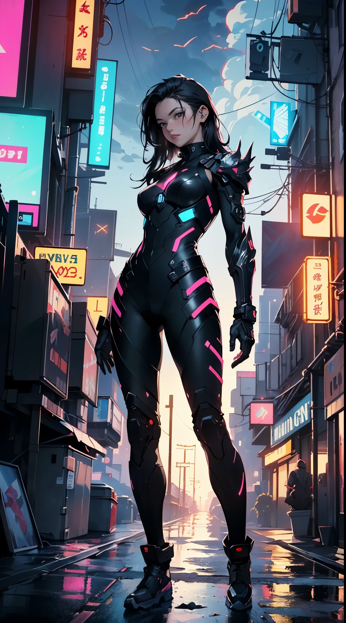 Photo, armored, stealth, Character design, Highly detailed, Intricate details,Mechanical wonder, Cyberpunk, Cybernetic Guardian,male form,very very long hair silky rapunzel brown or black
(dynamic pose:1.0),solo focus,(centered,scale to fit dimensions,Rule of thirds),
cyberpunk city by the ocean at night, with bright neon signs and dark stormy clouds and puddles, scenery:1.25,
highres, sharp focus, (ultra detailed, extremely detailed), (photorealistic artwork:1.37),(extremely detailed CG unity 8k wallpaper),((synthwave background theme)),(((vibrant colors))),(intricate background),(masterpiece),(best quality),
Purple