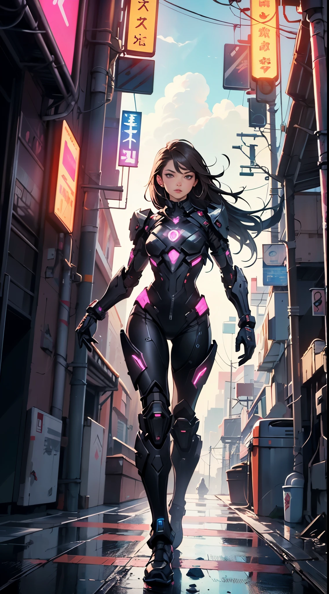 Photo, armored, stealth, Character design, Highly detailed, Intricate details,Mechanical wonder, Cyberpunk, Cybernetic Guardian,male form,very very long hair silky rapunzel brown or black
(dynamic pose:1.0),solo focus,(centered,scale to fit dimensions,Rule of thirds),
cyberpunk city by the ocean at ht, with bright neon signs and dark stormy clouds and puddles, scenery:1.25,
highres, sharp focus, (ultra detailed, extremely detailed), (photorealistic artwork:1.37),(extremely detailed CG unity 8k wallpaper),((synthwave background theme)),(((vibrant colors))),(intricate background),(masterpiece),(best quality),
Purple