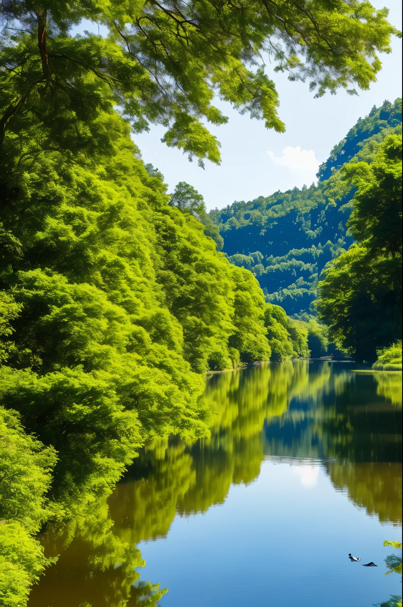best quality,highres,ultra-detailed,realistic:1.37,peaceful lake,serene atmosphere,calm water,reflection of the surrounding landscape,gentle breeze,clear blue sky,sunlight filtering through the trees,faint ripples on the surface of the water,lush greenery,subtle sounds of nature,birds flying in the distance,tranquility,harmony,serenity,beautiful scenery,perfect getaway,escape from the hustle and bustle of everyday life,relaxation,meditation