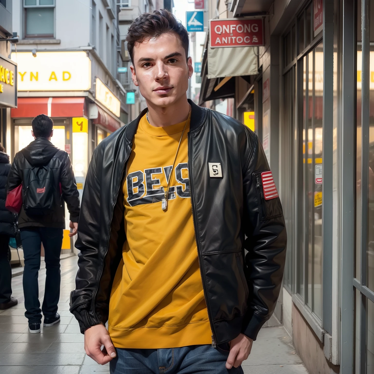 RAW Photo, DSLR , epiCRealism, (male), 1boy, a photograph of jeremy_penn standing (letterman jacket and shorts), deep photo, depth of field, Superia 400, bokeh, realistic lighting, professional colorgraded