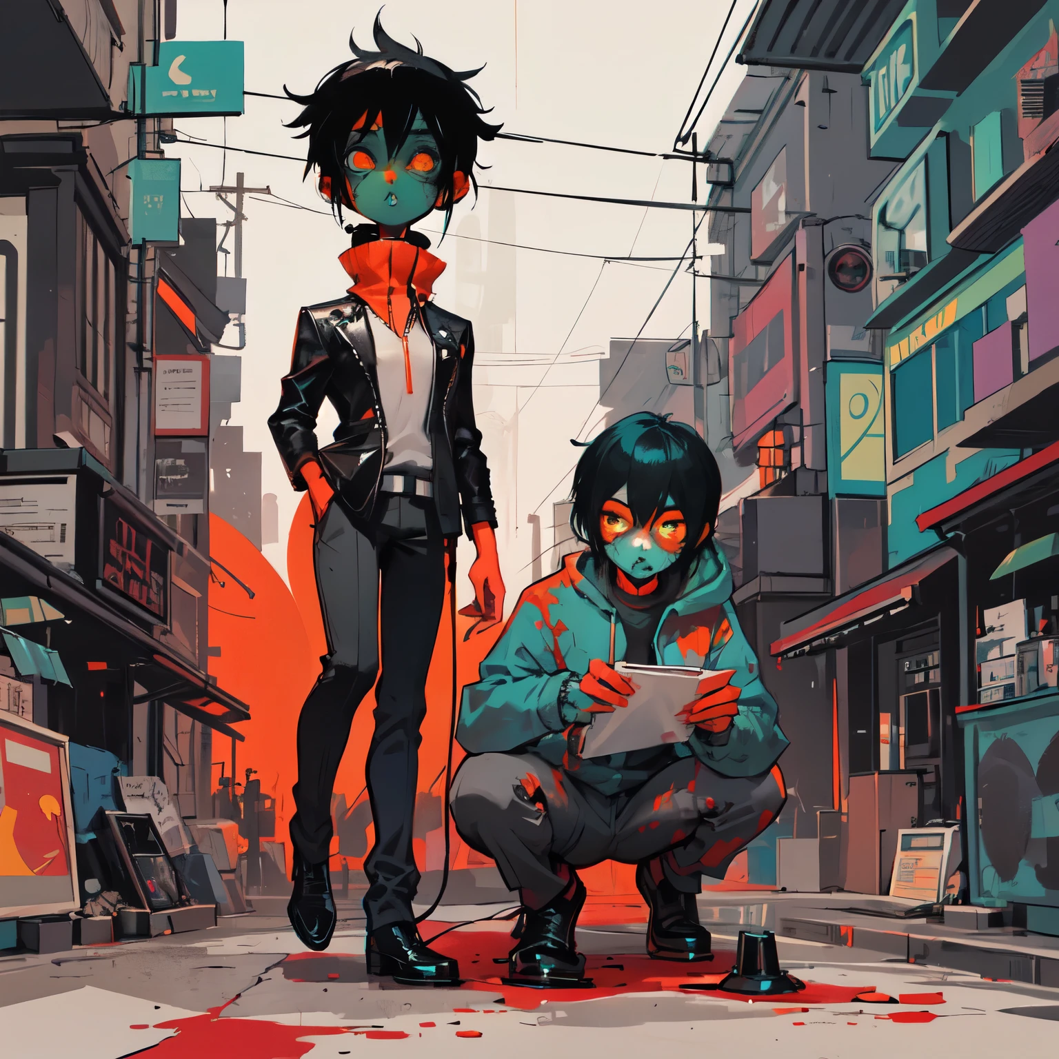 . Best quality , boy surrounded by zombies , zombies in business office suits, Bloody + Conceptual art, color sketch, Conceptual art!!,cartoon drawing of a man with a guitar in front of a wall, 2 d Gorillaz, Gorillaz art, Gorillaz style, stylized digital illustration, Gorillaz, Gorillaz phase 1 брутальная scene, some red and orange , Loisch and Goro Fujita, gorillas phase 1, deep bleeding decaying colors !, Conceptual art!, zombie!, detailed fanart, A little orange and purple . fan art, stylized digital art, Wallpapers - 1 0 2 4, in digital illustration style, 2 d art, 2 d art, Gorillaz album cover, fan art ”Шедевральный рисунок Высочайшее качество, Style Comics , cyberpunk , series the walking dead. High-quality linear stroke, color fill , invoice , depth of forms . 8K. SD quality .