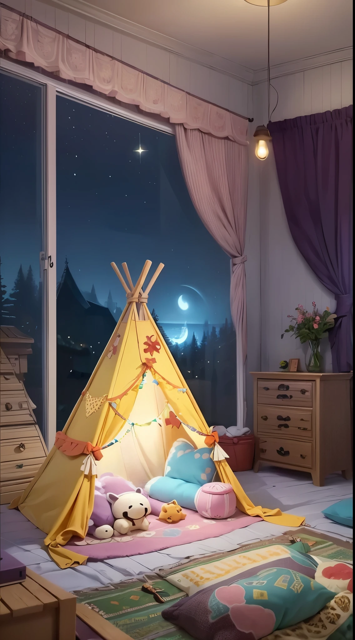 a teepee sitting on top of a rug next to a window, mihoyo art style, cozy bed, gold raining in the background, full photo, ((((library interior)))), west slav features, victor, room, 2 d cg, beds, he is at camp, full image, 5 th floor