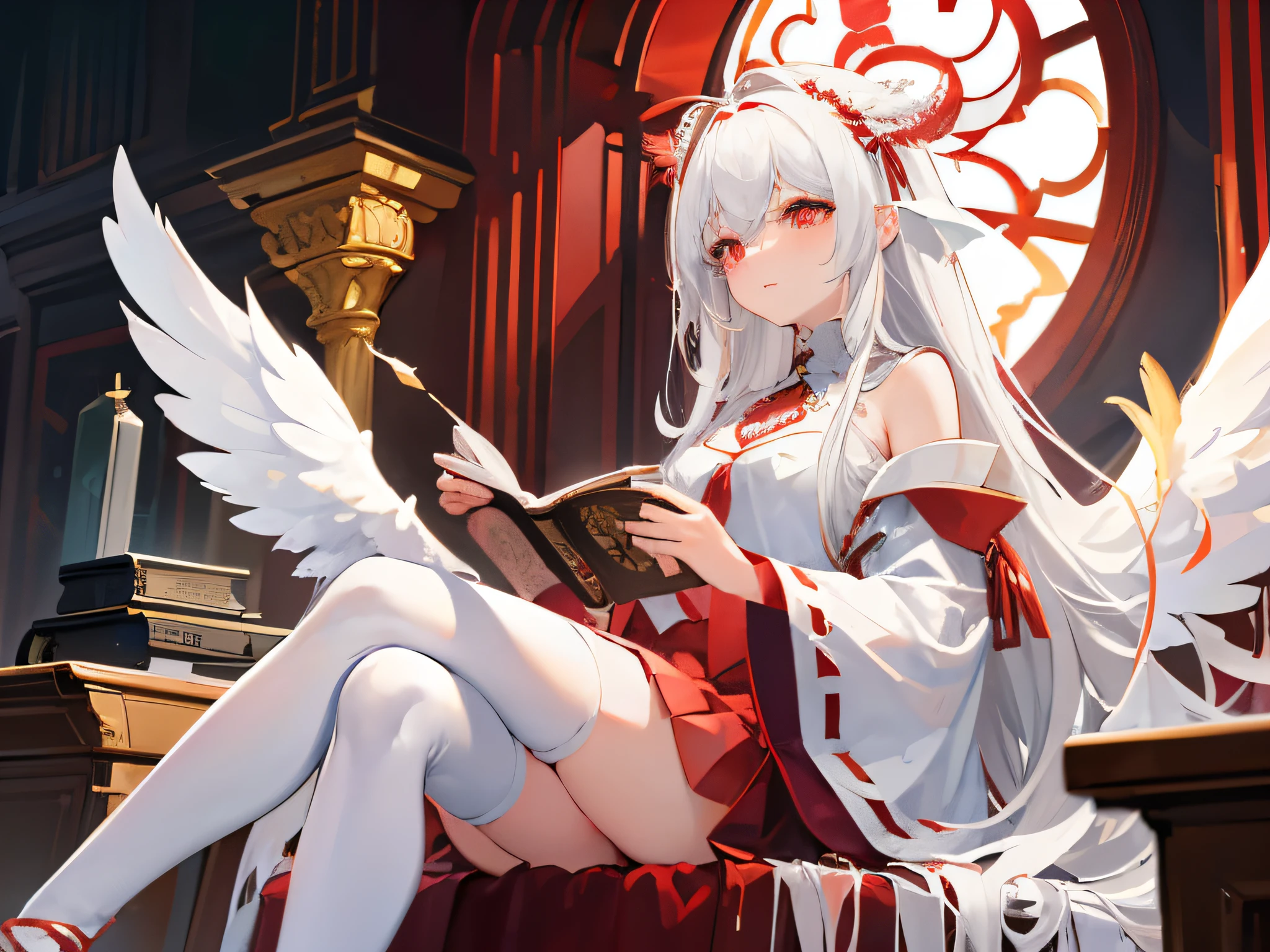 ((Red feather headdress)),(((a pair of Huge white wings))),white cloak,在阳Light下,sitting beside the window,white hair,Bangs,long hair,Light环,Red Eye,shadow,ultra high definition,Award-winning,precise,((((high resolution)))),红gem吊坠,ahog,absurdly long hair,very long hair,long hair,Red lips,((Writing with quill pen)),very long hair,long hair,Red lips,high detail,chiaroscuro,Light线追踪,16k,masterpiece,high quality,high detail,best quality,anatomically correct,1 girl,(Angel:1.1),white_skin,point_Nose,narrow_waist,Angel wings,white_short_boots,Red_crystal_earrings,incRedibly ridiculous,artBook,illustration,(sunLight),wing,(圣Light),ager,细long,Light_blush,ear_decoration,beautiful_detailed_Eye,closure_Mouth,white_robe,Raise your legs high_under_boots,wing_Print,spring out_collar,or,feather_necklace,fluffy_long_sleeve,half_Gloves,cross_hair_decoration,wedding_band,boobgasm_gem,No_emotion,read,high resolution,ridiculous,File size is huge,wallpaper,影院灯Light,available Light,(small_breast:1.1),dusk,indoor,church,Open_Book,full_shooting,
