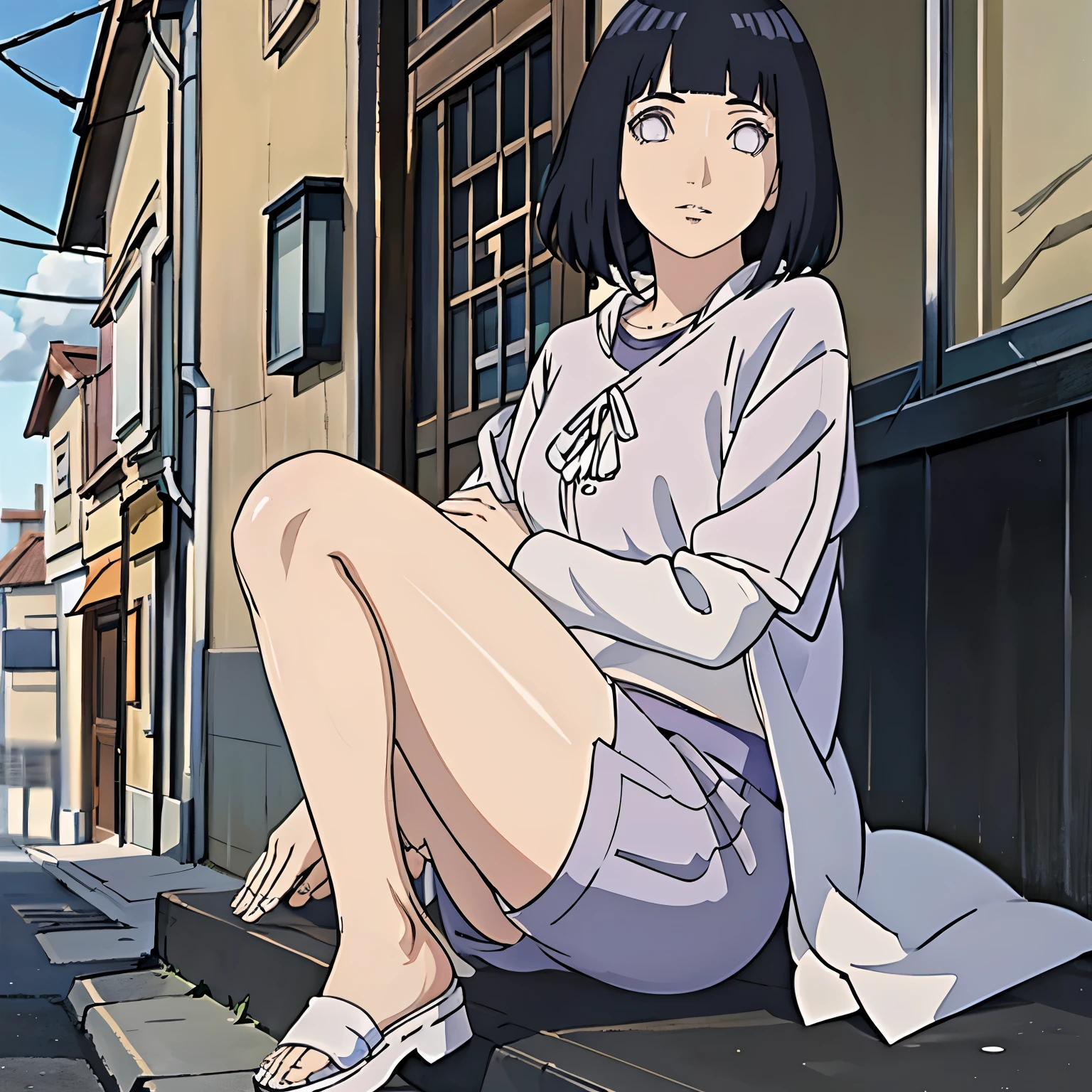 Madura hinata hiuga, pechos medianos, piernas delgadas, caminando en la calle estilo conoha, usando short corto de mesclilla, y una blusa blanca ajustada, sonrrojada