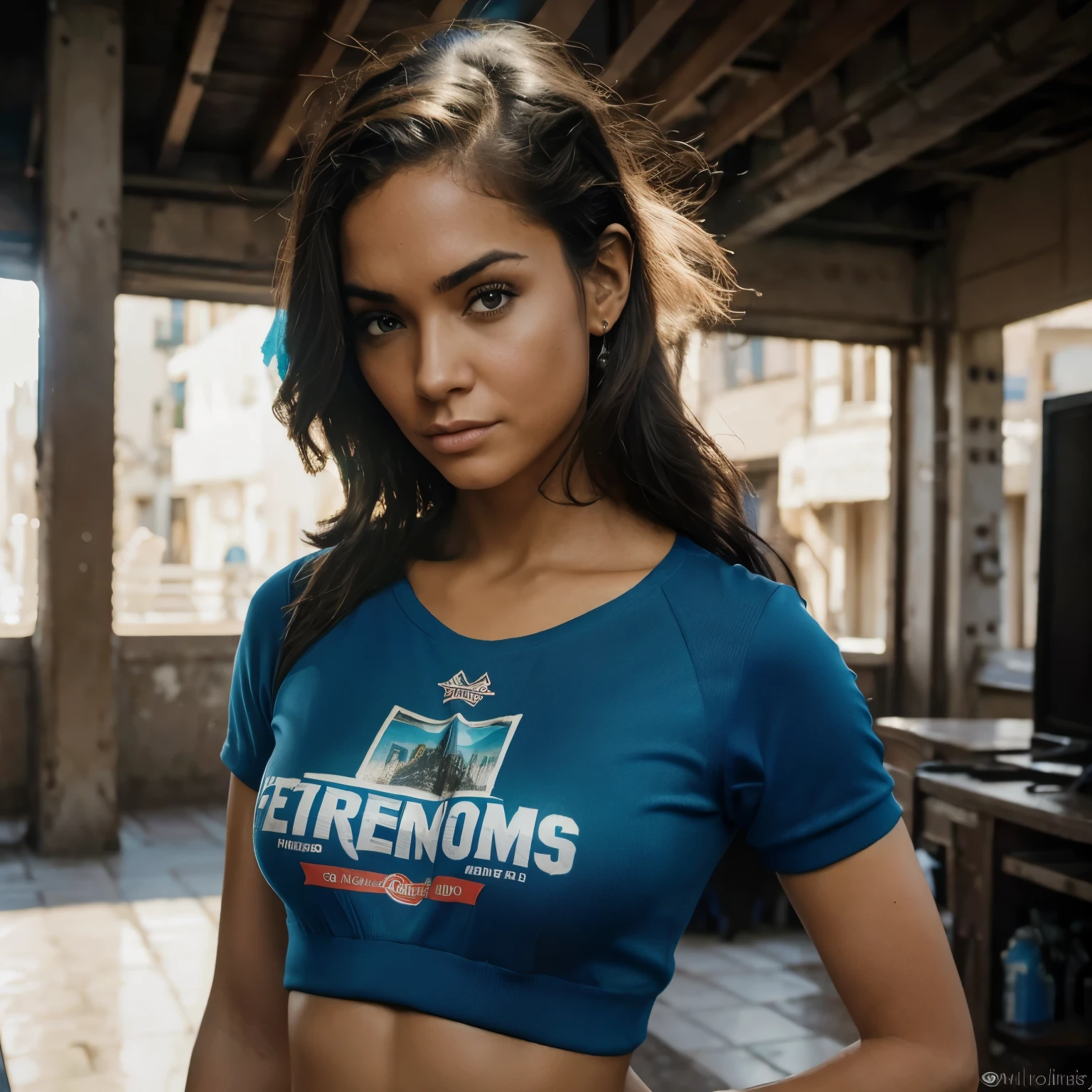 foto de extremadamente sexy (AM190_Brigitte:0.99), una mujer como estudiante sexy, ((primer retrato:1.3)), model shoot style, (Fondo de pantalla CG unity 8k extremadamente detallado), photo of the world's most beautiful artwork, professional majestic oil painting by Ed Blinkey, Atey Ghailan, estudio ghibli, por Jeremy Mann, Greg Manchess, Antonio Moro, tendencia en artstation, tendencias en cgsociety, intrincado, Alto detalle, Sharp focus, dramatic, Arte de pintura fotorrealista de Midjourney y Greg Rutkowski., (camiseta azul:1.2), (chaqueta de cuero), (vaqueros), ((barrios marginales de la ciudad)), (mirando al espectador:1.2), (alumnos detallados:1.3),