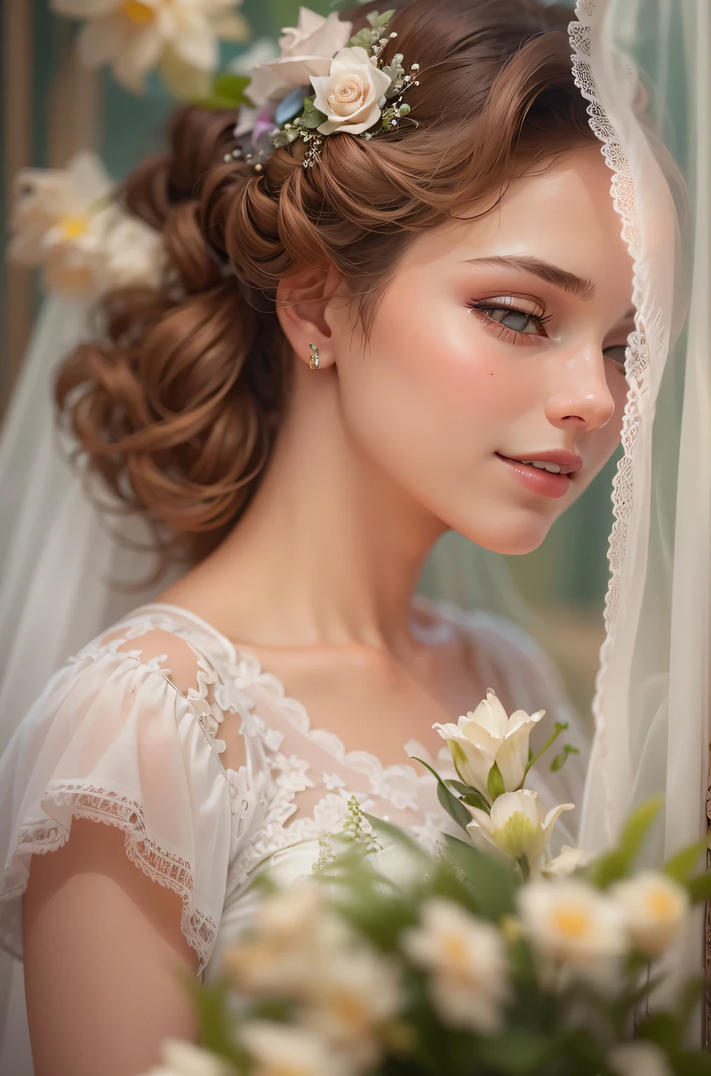 Wedding dress,bride,Waiting for love,Beautiful and delicate eyes,Beautiful and delicate lips,Extremely detailed eyes and face,long eyelashes,fairytale atmosphere,soft light,romantic mood,Stunning background,flowers,dream colors,Emotional expression,romantic pose,blurred background,sparkling veil,Delicate lace,Sparkling tiara,Elegant hairstyle,vintage decor,Vintage furniture,ethereal atmosphere,breeze,whispering tree,cute smile,anticipatory,Heartfelt emotions,gentle and loving,graceful movements,Soft and gentle touch,Warm and tender moments,romantic atmosphere,lifelike masterpiece,Highest quality 4k resolution,studio lighting,bright colors