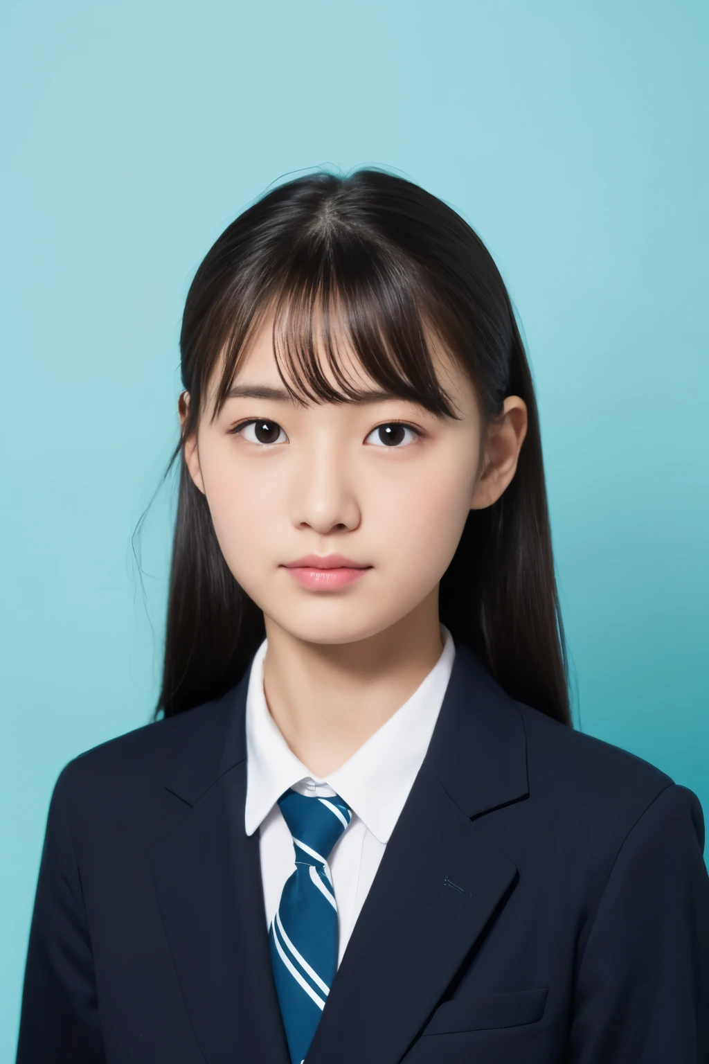 ((ID photo))、(Japanese high school uniform、black hair、ponytail、real face)、cute japanese woman、17 years old、high school girl、young girl、light blue background、no makeup