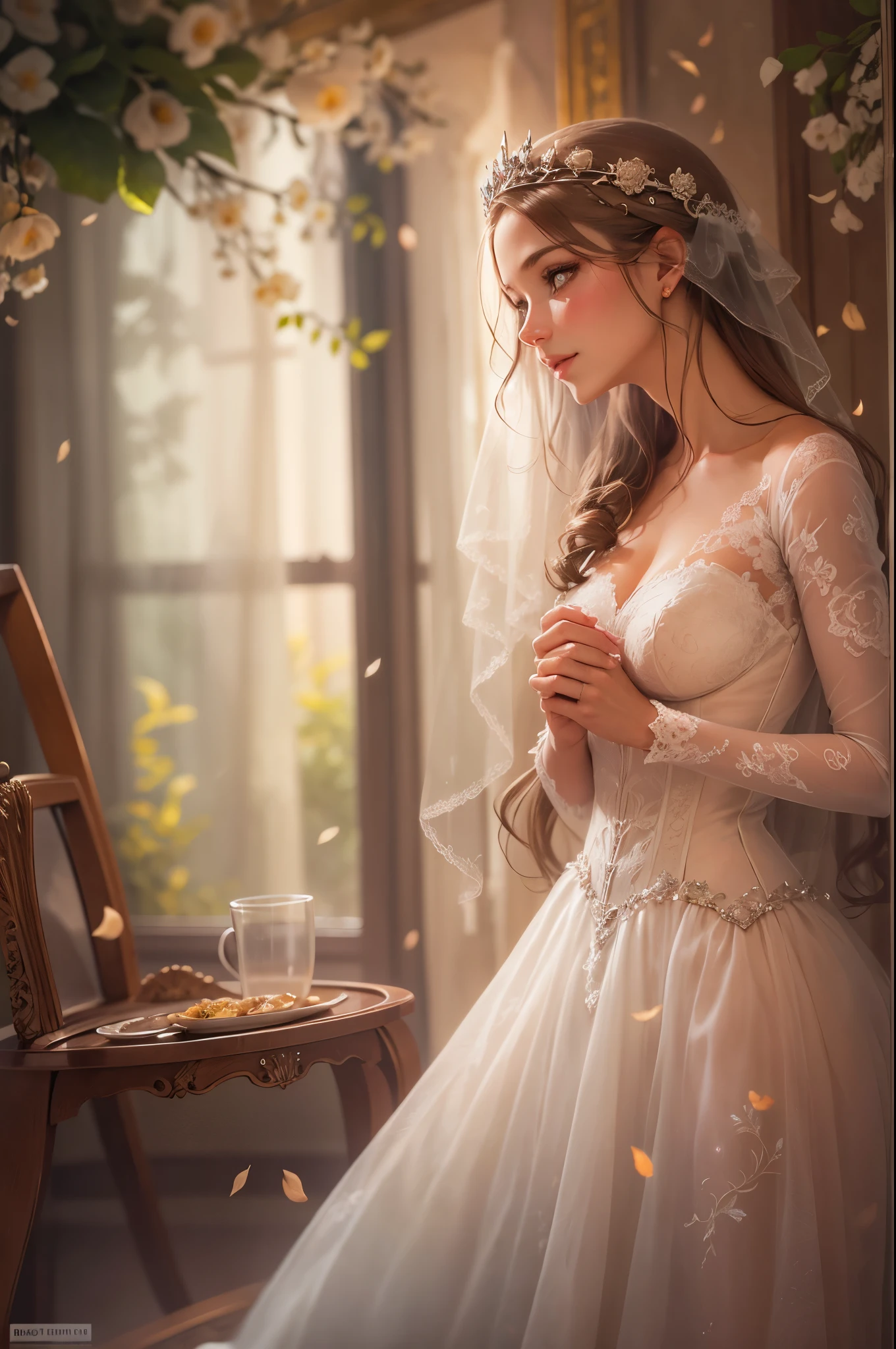 wedding dress,bride,waiting for love,beautiful detailed eyes,beautiful detailed lips,extremely detailed eyes and face,long eyelashes,fairy tale atmosphere,soft lighting,romantic mood,stunning background,flowers,dreamy colors,emotional expression,romantic pose,blurred background,shimmering veil,delicate lace,sparkling tiara,elegant hairstyle,vintage decor,vintage furniture,ethereal atmosphere,gentle breeze,whispering trees,lovely smile,anticipation,heartfelt emotions,gentle and loving,graceful movements,soft and gentle touch,warm and tender moment,romantic atmosphere,photorealistic masterpiece,highest quality 4k resolution,studio lighting,vivid colors