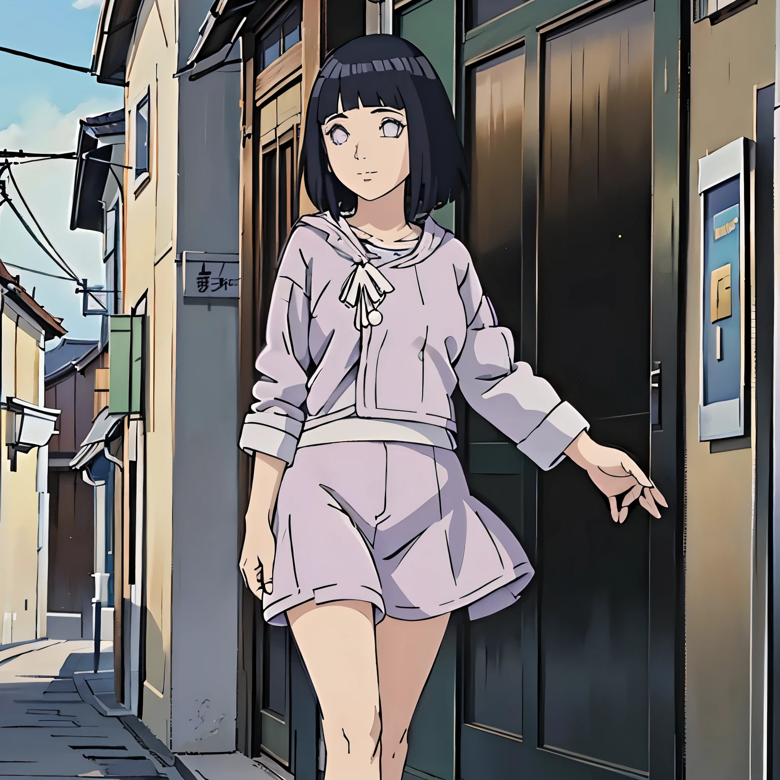 Madura hinata hiuga, pechos medianos, piernas delgadas, caminando en la calle estilo conoha, usando short corto de mesclilla, y una blusa blanca ajustada, sonrrojada