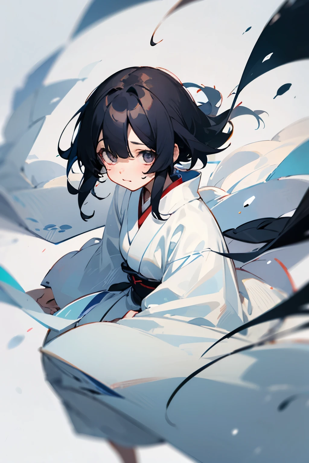 black hair，Drooping eyes，Marume，cute，White kimono，one person