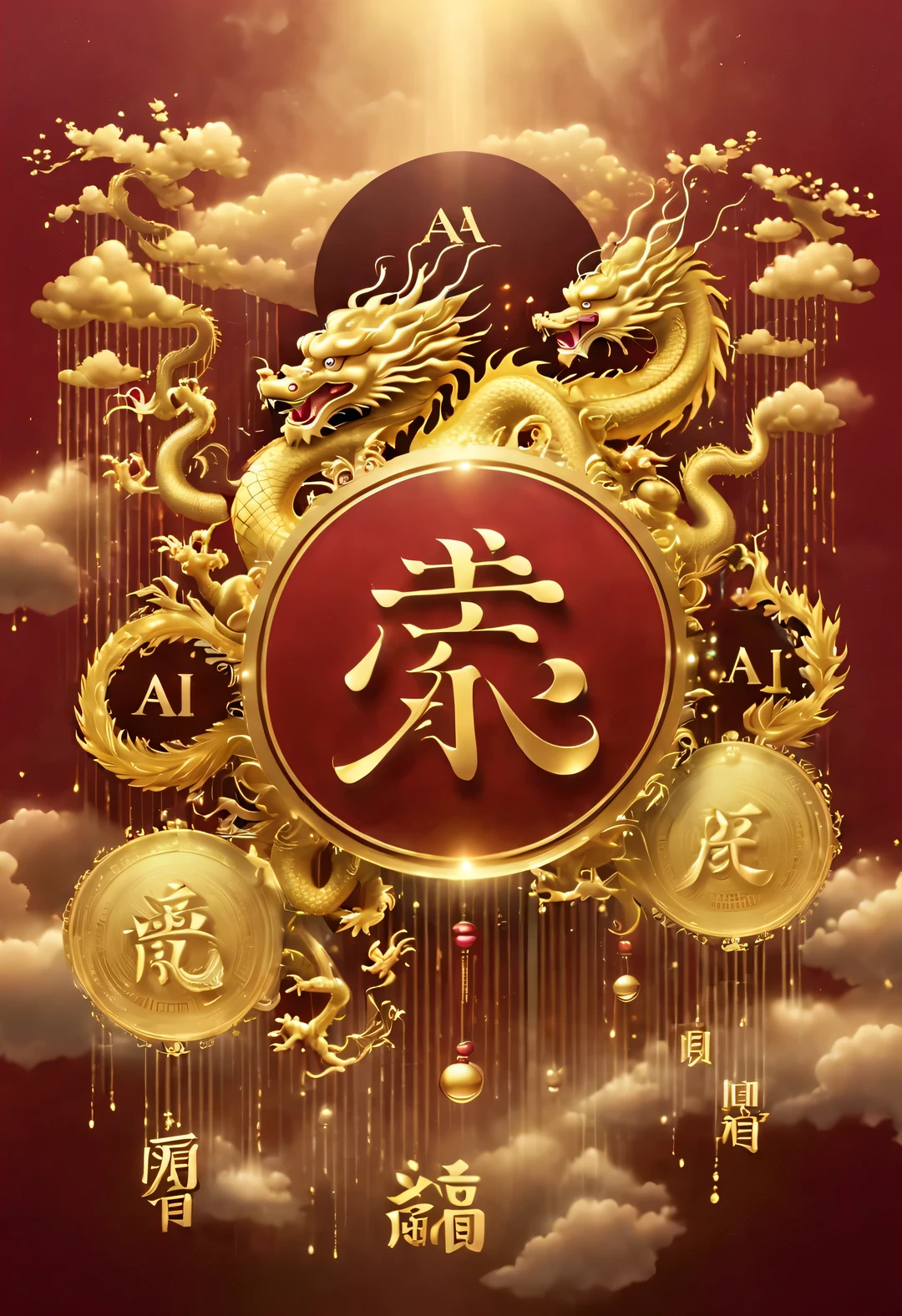 （Crazy rAIn in the sky with lots and lots of golden letters：1.37），Many vertical transparent banners with English letters &Quote;AI&Quote;），Golden transparent English letters &Quote;AI&Quote; ，Display English letters vertically &Quote;AI&Quote; ，There is a golden Chinese dragon inside a small circle in the center，Dynamic action style，Burgundian background