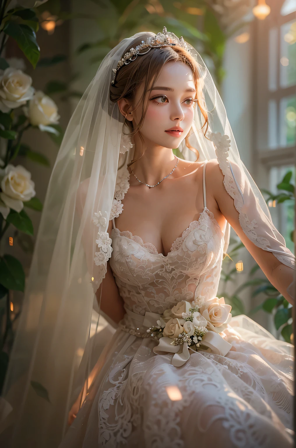 Wedding dress,bride,Waiting for love,Beautiful and delicate eyes,Beautiful and delicate lips,Extremely detailed eyes and face,long eyelashes,fairytale atmosphere,soft light,romantic mood,Stunning background,flowers,dream colors,Emotional expression,romantic pose,blurred background,sparkling veil,Delicate lace,Sparkling tiara,Elegant hairstyle,vintage decor,Vintage furniture,ethereal atmosphere,breeze,whispering tree,cute smile,anticipatory,Heartfelt emotions,gentle and loving,graceful movements,Soft and gentle touch,Warm and tender moments,romantic atmosphere,lifelike masterpiece,Highest quality 4k resolution,studio lighting,bright colors