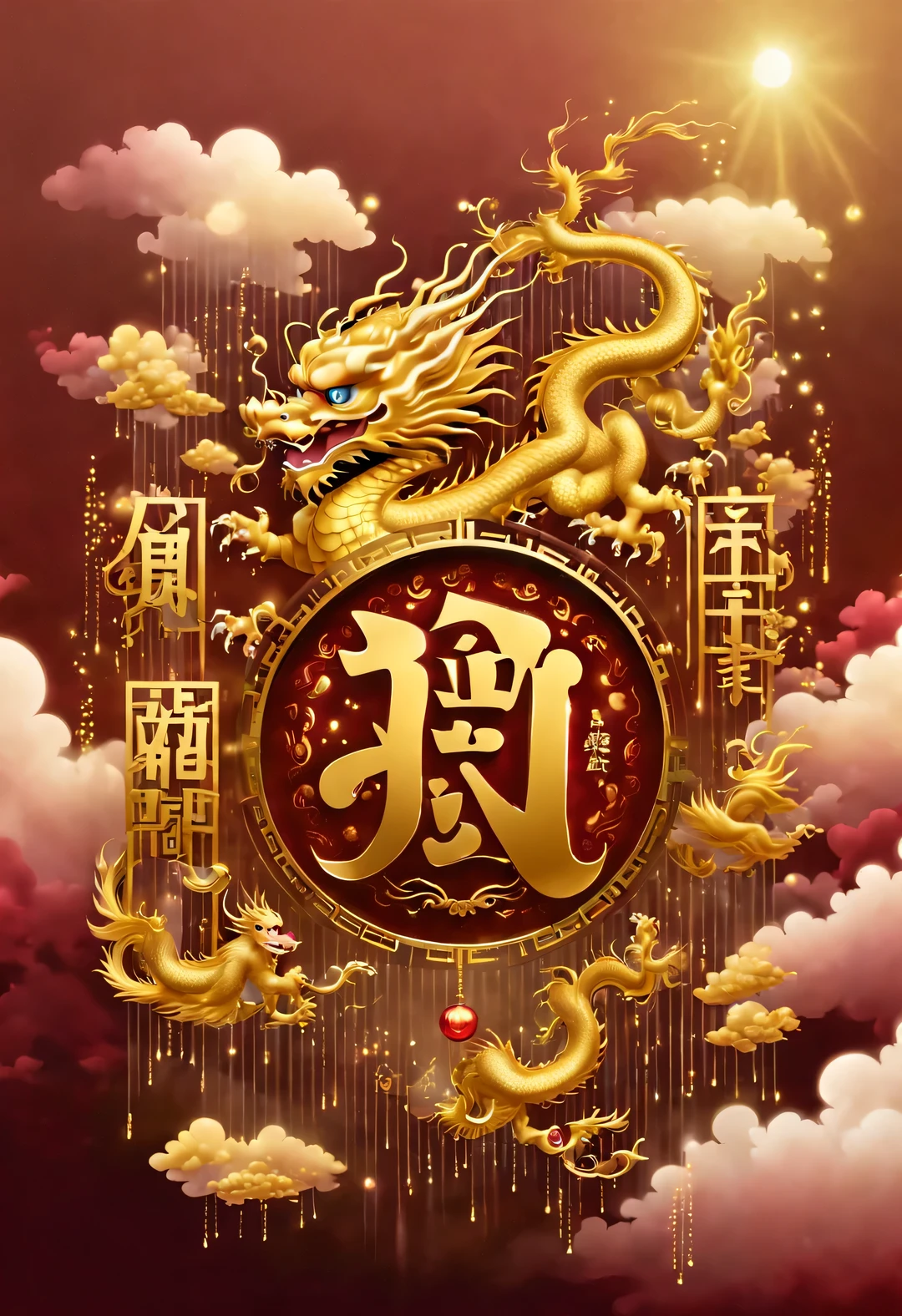 （Crazy rAIn in the sky with lots and lots of golden letters：1.37），Many vertical transparent banners with English letters &Quote;AI&Quote;），Golden transparent English letters &Quote;AI&Quote; ，Display English letters vertically &Quote;AI&Quote; ，There is a golden Chinese dragon inside a small circle in the center，Dynamic action style，Burgundian background