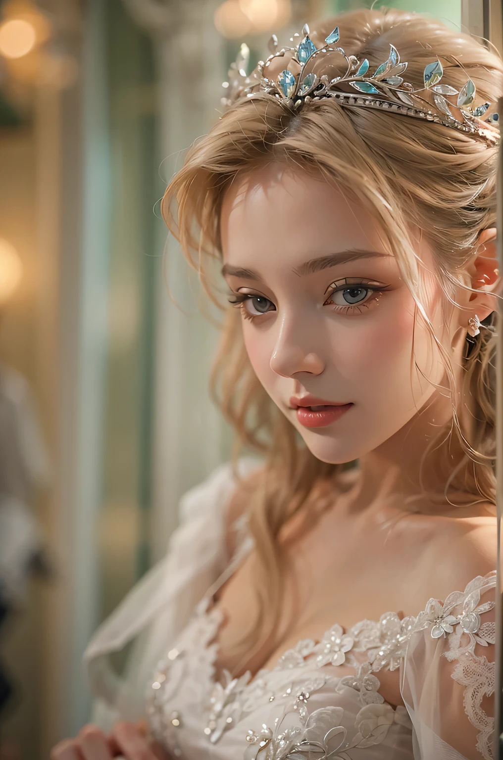 Wedding dress,bride,Waiting for love,Beautiful and delicate eyes,Beautiful and delicate lips,Extremely detailed eyes and face,long eyelashes,fairytale atmosphere,soft light,romantic mood,Stunning background,flowers,dream colors,Emotional expression,romantic pose,blurred background,sparkling veil,Delicate lace,Sparkling tiara,Elegant hairstyle,vintage decor,Vintage furniture,ethereal atmosphere,breeze,whispering tree,cute smile,anticipatory,Heartfelt emotions,gentle and loving,graceful movements,Soft and gentle touch,Warm and tender moments,romantic atmosphere,lifelike masterpiece,Highest quality 4k resolution,studio lighting,bright colors