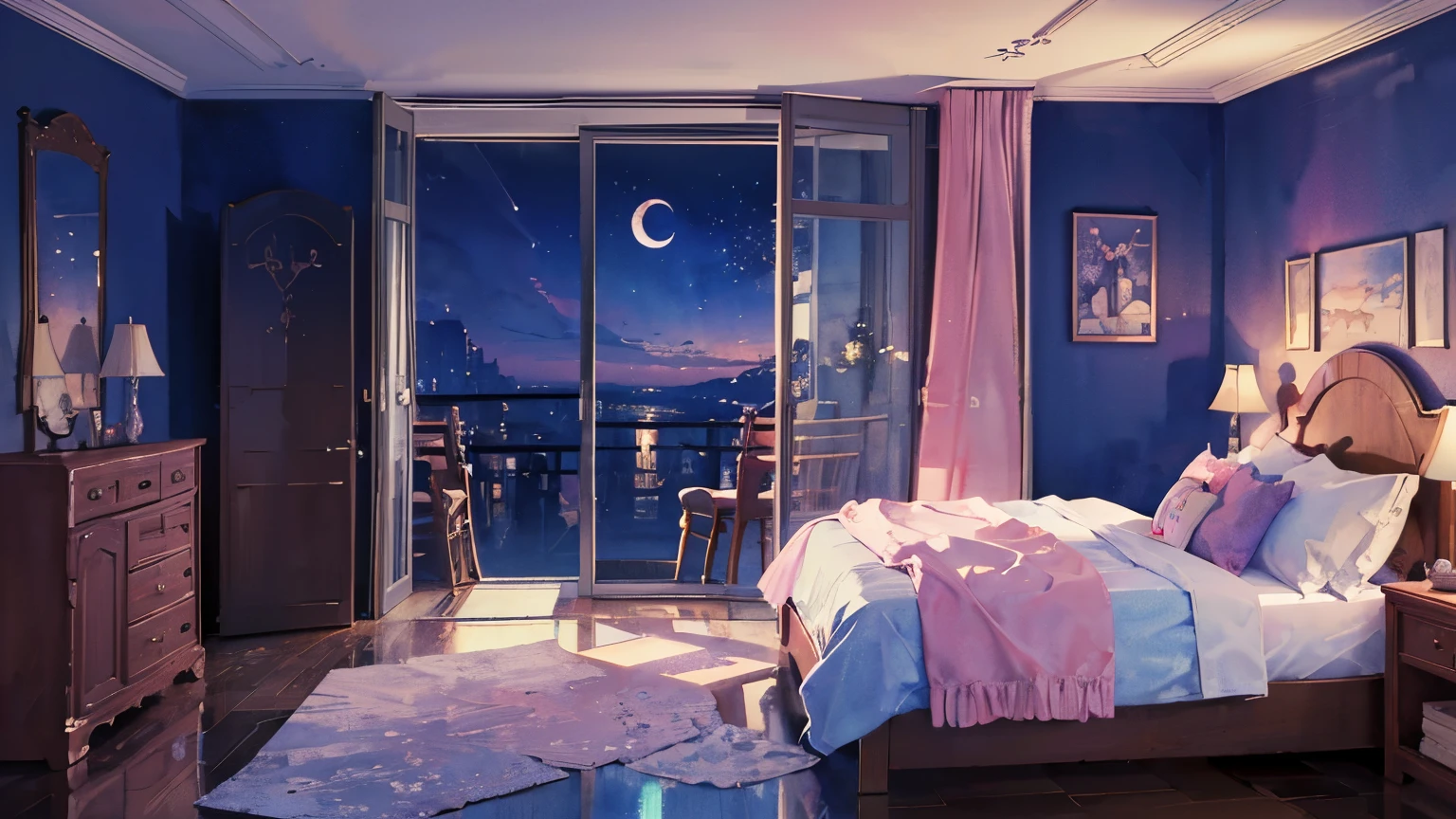 "(masterpiece,best quality,4k,watercolor illustrations,ultra-detailed:1.2),pink tones,depth,room with a wide perspective,night sky reflected in the window,kawaii,crescent moon,spacious room,background"