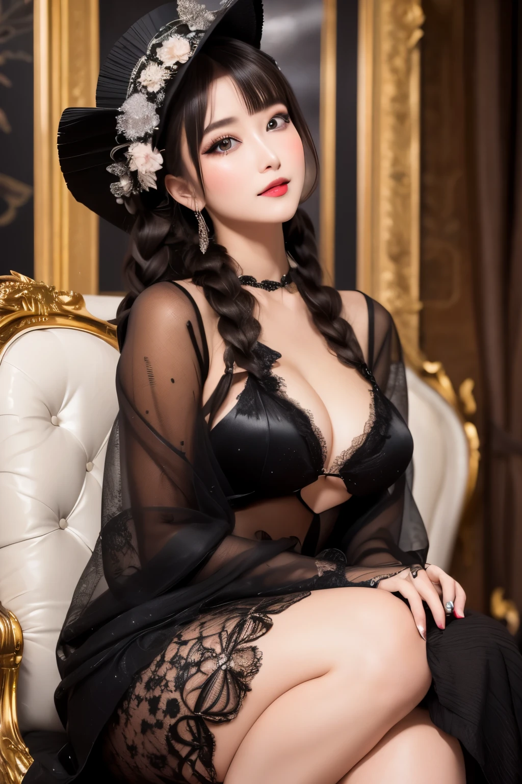 from below, best quality, 32k, RAW photo, incredibly absurdres, extremely detailed, delicate texture, beautiful lady, cold condescending gaze, (wearing black elegant formal wear, black lace robe, black elegant formal big hat), sitting on a plush chair, amorous and lewd expression, glossy iridescent braided hair, perfect body line, great proportion, background gorgeous room, professional lighting
