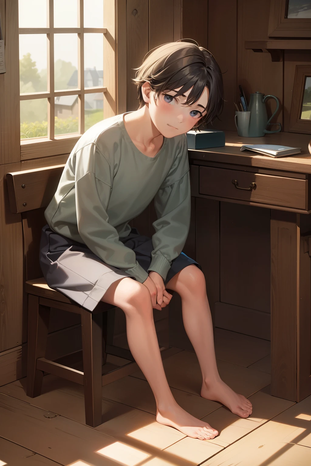 14 years old boy Peter sitting on a wooden stool in front of his small cottage, hunched over a sketchbook. His face should reflect a tinge of sadness and longing for companionship, capturing the essence of his loneliness -seed 880789004