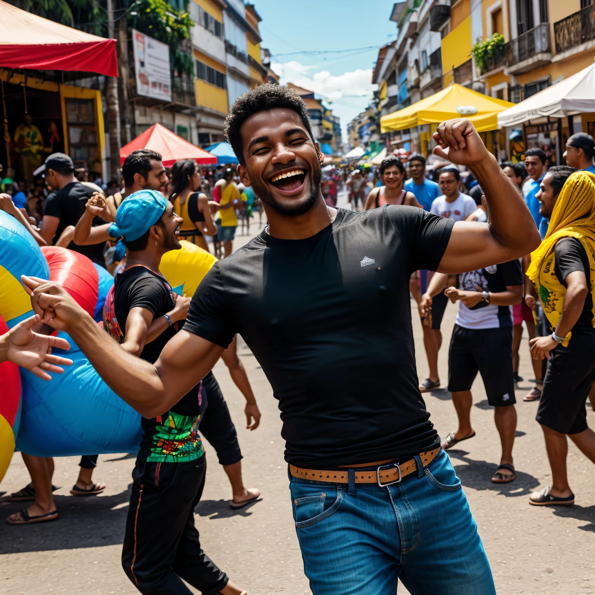 Realistic image. A man having fun at a street carnival in Brazil, wearing a black T-shirt. Smiling with his mouth closed. Dancing full-length. General shot. Cheerful and colorful scenery.