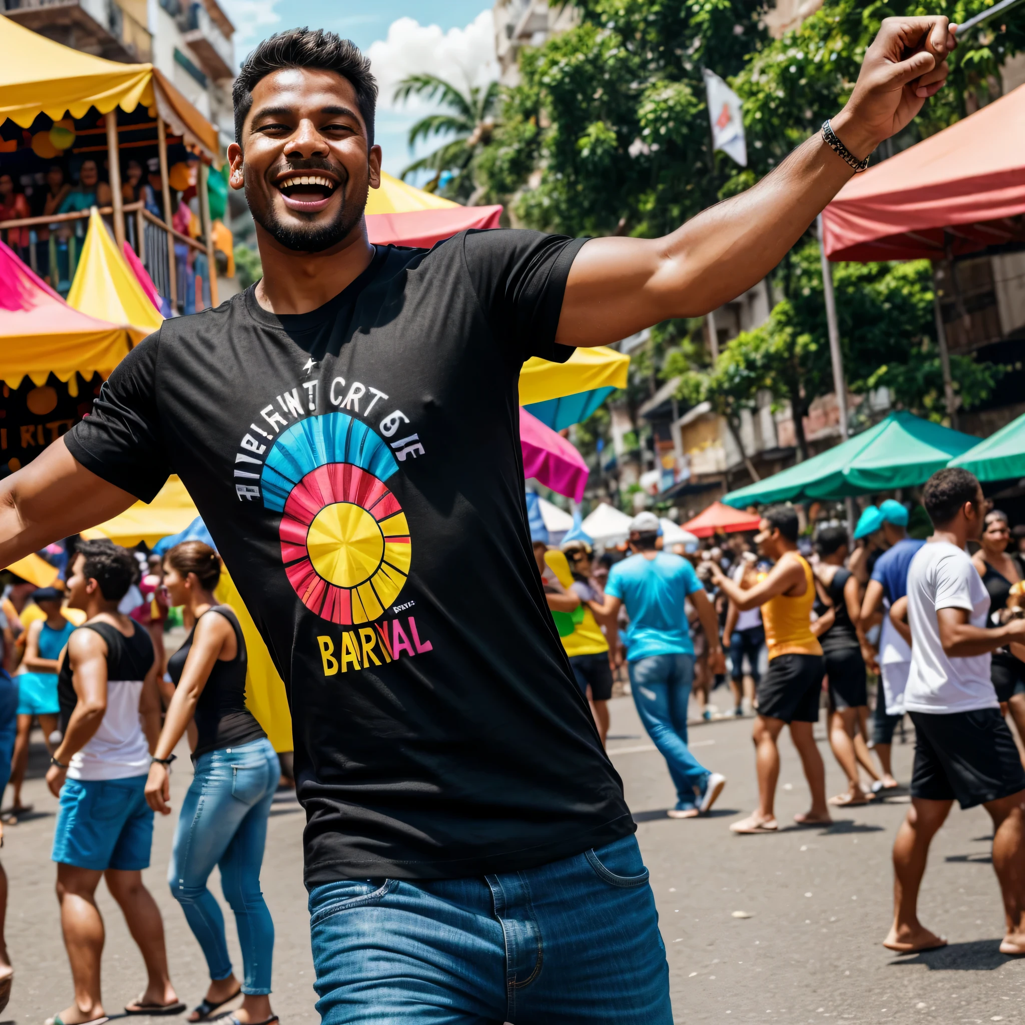Realistic image. A man having fun at a street carnival in Brazil, wearing a black T-shirt. Smiling with his mouth closed. Dancing full-length. General shot. Cheerful and colorful scenery.