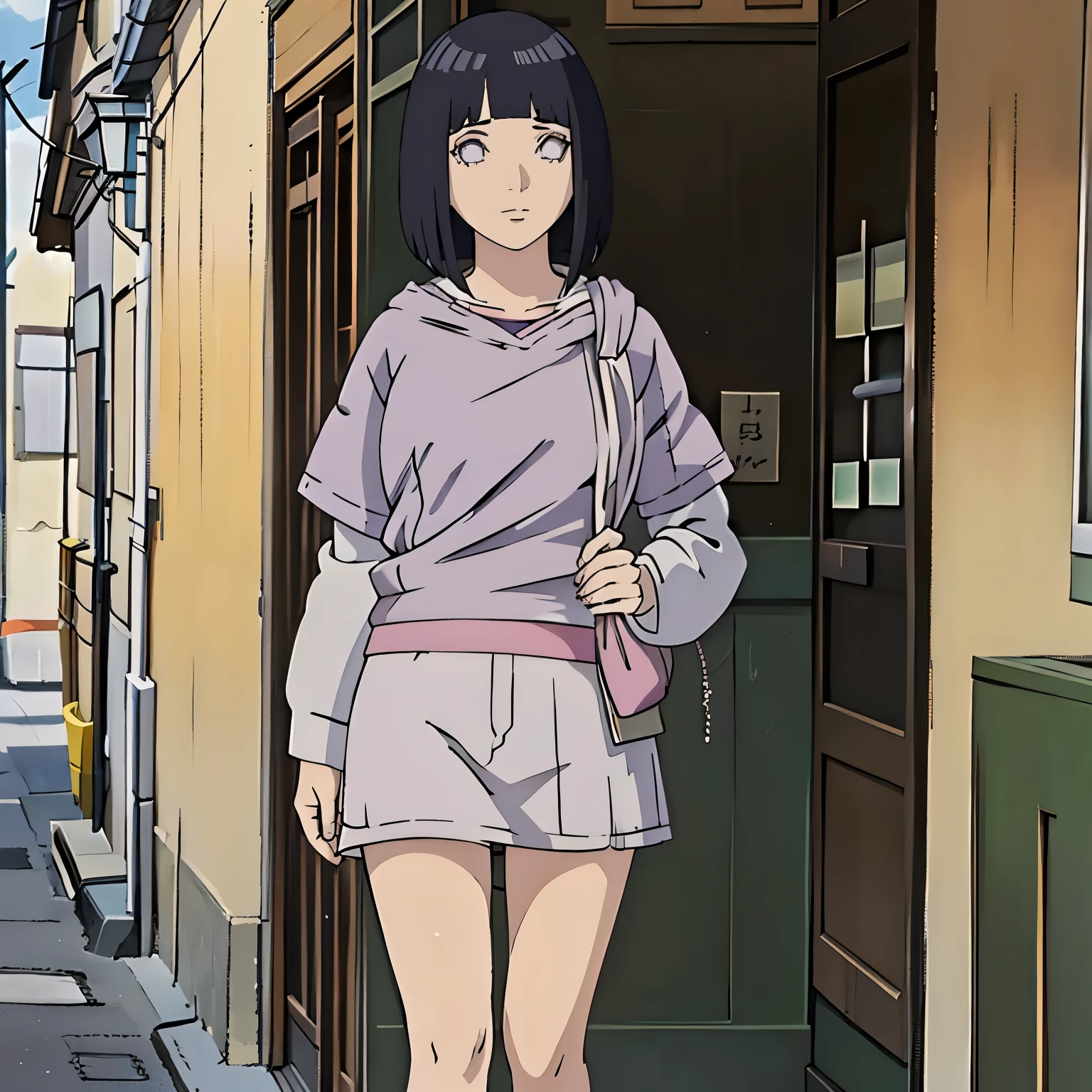 Madura hinata hiuga, pechos medianos, piernas delgadas, caminando en la calle estilo conoha, usando short corto de mesclilla, y una blusa blanca ajustada, sonrrojada