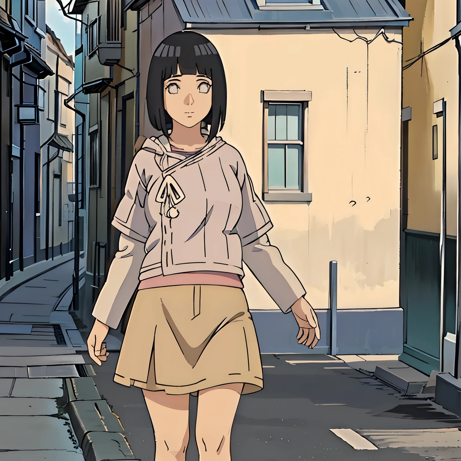 Madura hinata hiuga, pechos medianos, piernas delgadas, caminando en la calle estilo conoha, usando short corto de mesclilla, y una blusa blanca ajustada, sonrrojada