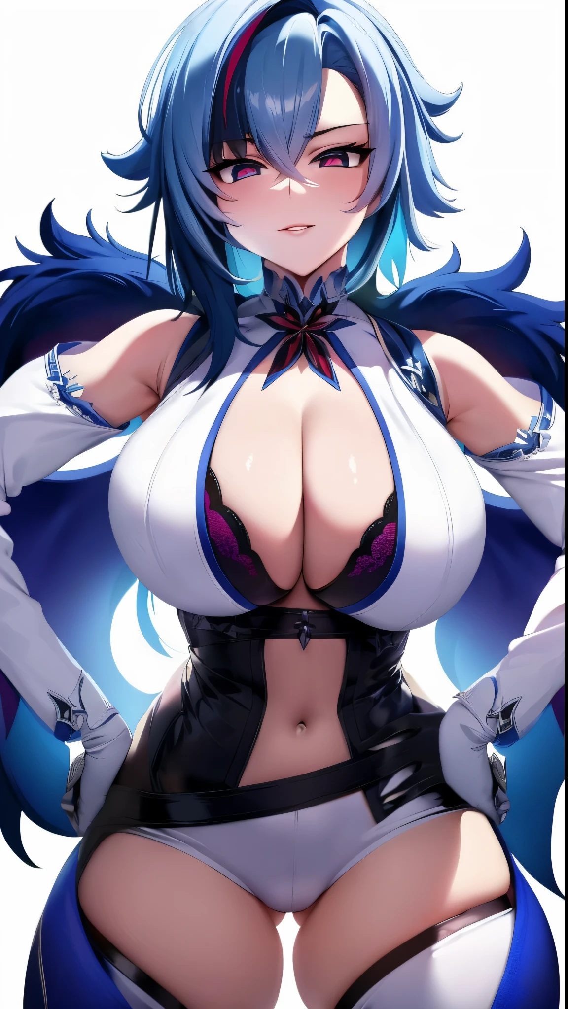hands on hips, looking down, highschool uniform, white shirt, blue skirt, 1girl,solo,looking at viewer, (simple background, white background), eula (genshin impact), medium hair, large breasts, big breasts, smile, detailed, ambar eyes, thighs, detailed face, anatomically correct, best quality, masterpiece, high quality, high details, highres, HD, (shaded face:1.2), (masterpiece, best quality), arlecchino, hair between eyes, multicolored hair, white hair, short hair, fur trim, fur-trimmed coat, (x-shaped eyes, symbol shaped eyes, cross eyes), cinematic lightning, caustic, breasts, 1girl, gloves, veil, bridal_veil, white_gloves, elbow_gloves, cleavage, looking_at_viewer, thick_thighs, huge_breasts, bare_shoulders, see-through, thighs, solo, curvy,