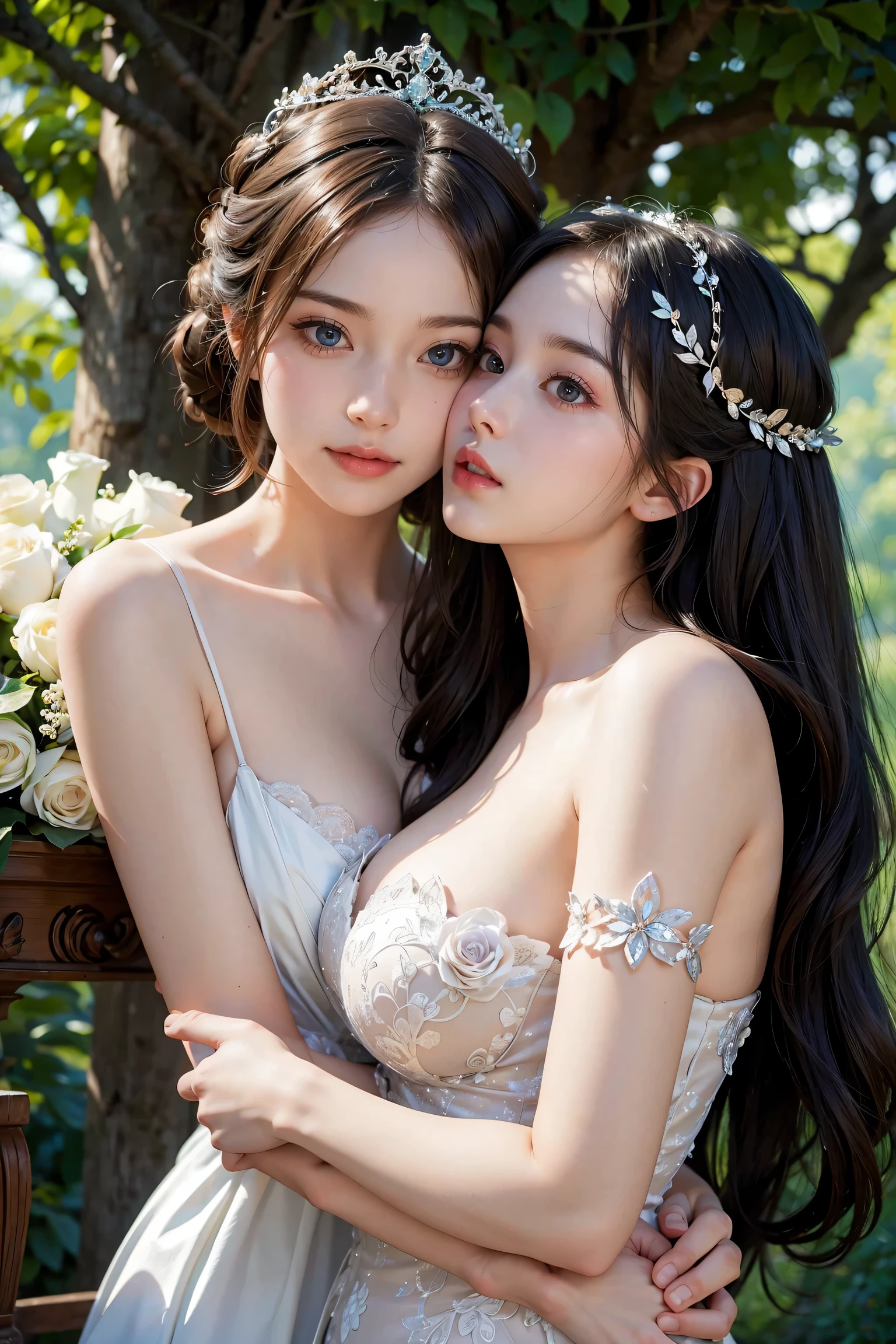 Wedding dress,bride,Waiting for love,Beautiful and delicate eyes,Beautiful and delicate lips,Extremely detailed eyes and face,long eyelashes,fairytale atmosphere,soft light,romantic mood,Stunning background,flowers,dream colors,Emotional expression,romantic pose,blurred background,sparkling veil,Delicate lace,Sparkling tiara,Elegant hairstyle,vintage decor,Vintage furniture,ethereal atmosphere,breeze,whispering tree,cute smile,anticipatory,Heartfelt emotions,gentle and loving,graceful movements,Soft and gentle touch,Warm and tender moments,romantic atmosphere,lifelike masterpiece,Highest quality 4k resolution,studio lighting,bright colors