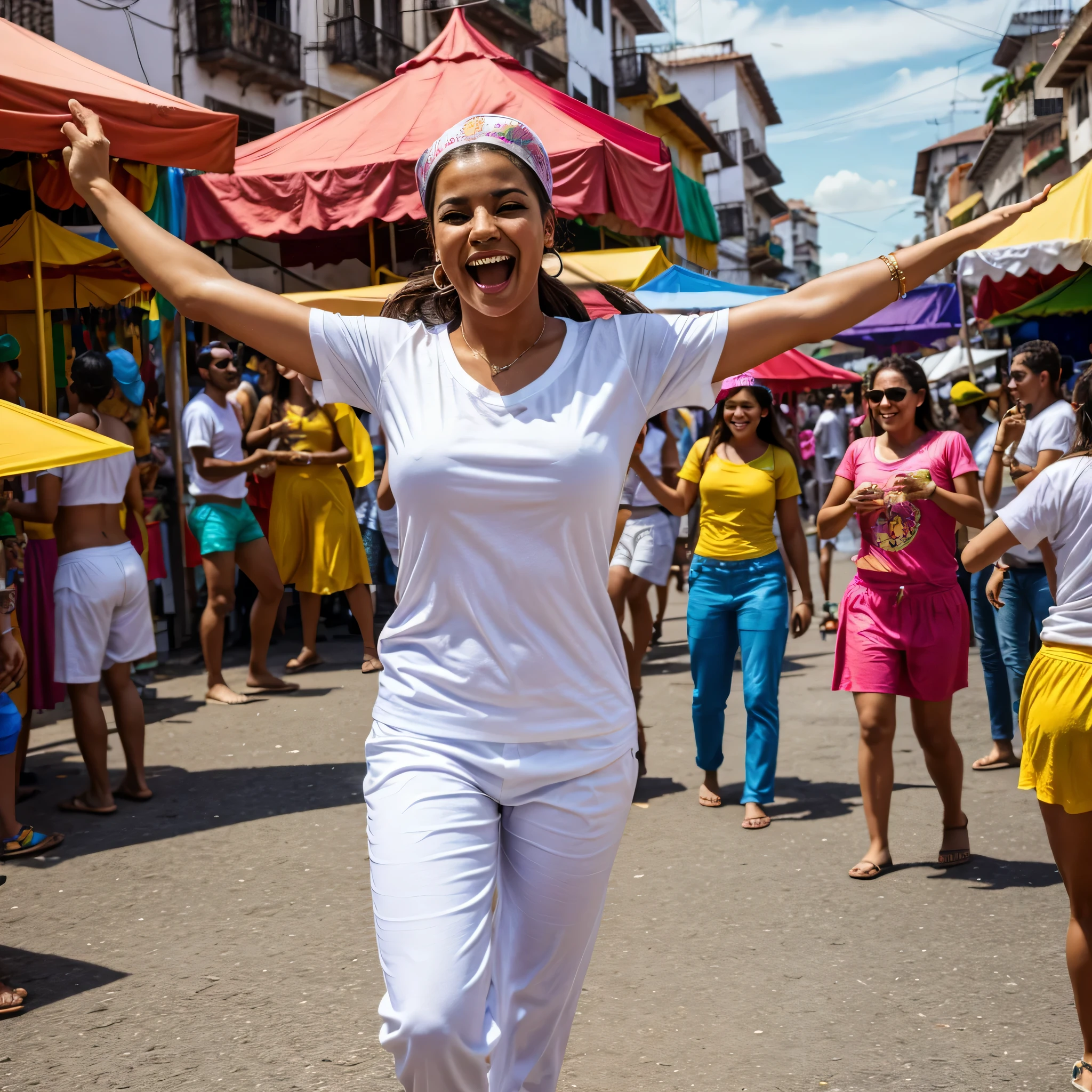 Realistic image. A woman having fun at a street carnival in Brazil, wearing a white T-shirt. Dancing full-length. General shot. Cheerful and colorful scenery.