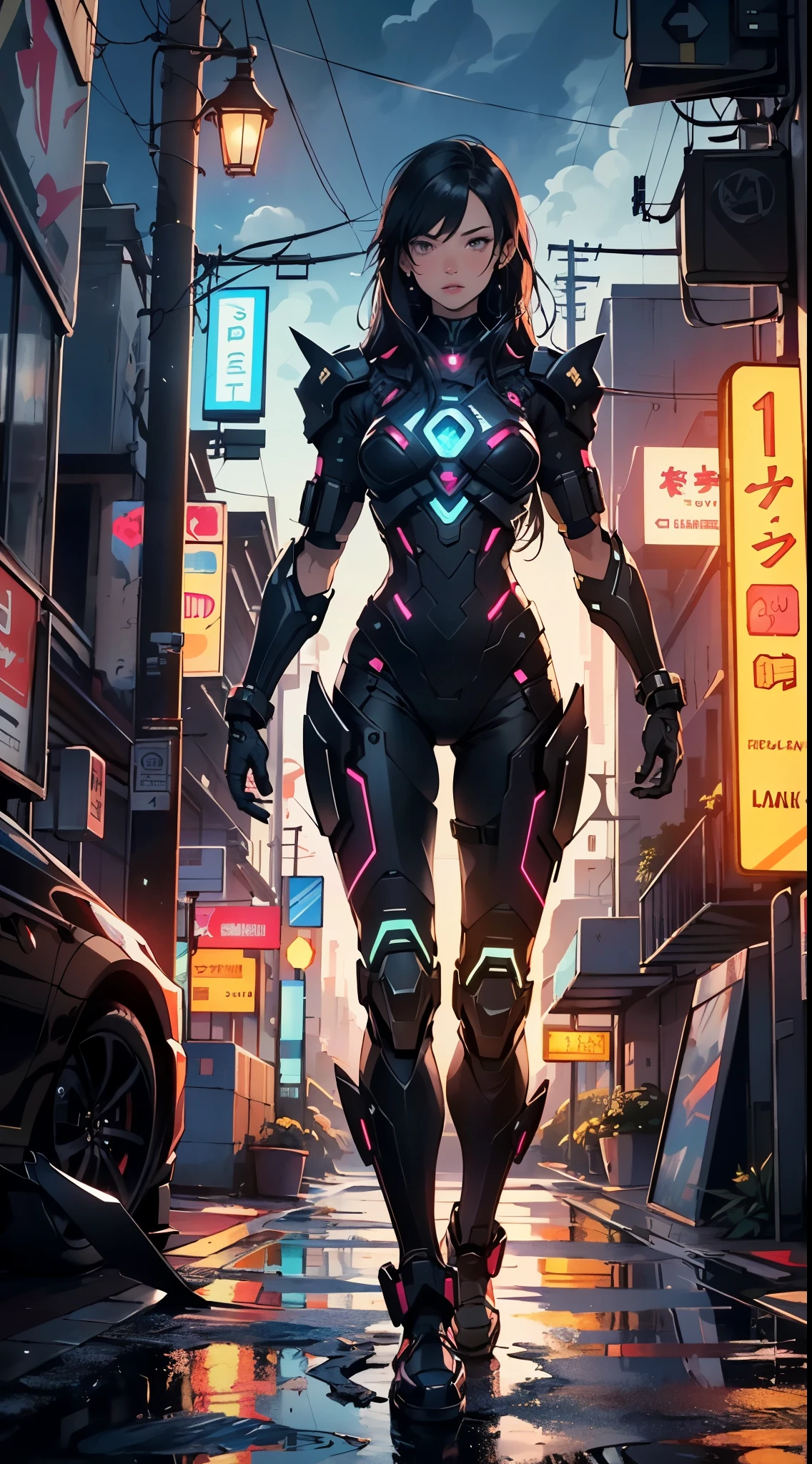 Photo, armored, stealth, Character design, Highly detailed, Intricate details,Mechanical wonder, Cyberpunk, Cybernetic Guardian,male form,very very long hair silky rapunzel brown or black
(dynamic pose:1.0),solo focus,(centered,scale to fit dimensions,Rule of thirds),
cyberpunk city by the ocean at night, with bright neon signs and dark stormy clouds and puddles, scenery:1.25,
highres, sharp focus, (ultra detailed, extremely detailed), (photorealistic artwork:1.37),(extremely detailed CG unity 8k wallpaper),((synthwave background theme)),(((vibrant colors))),(intricate background),(masterpiece),(best quality),
Purple