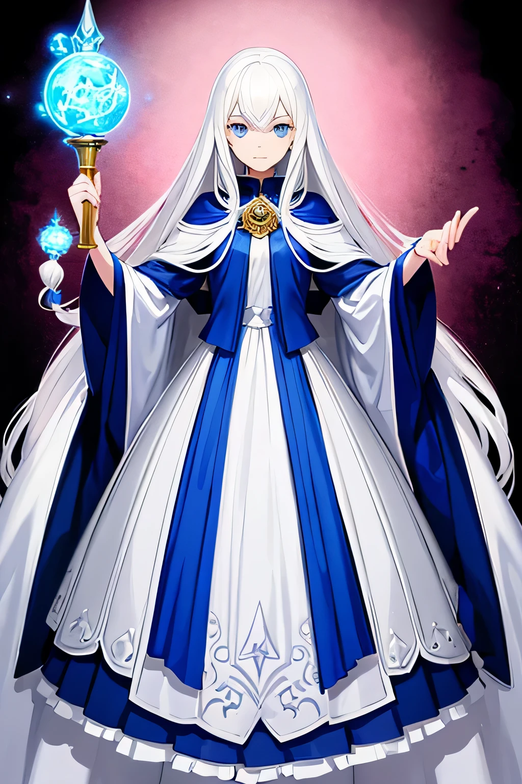 ,magician,white hair,long hair,stand,He held a staff with a blue orb on it..,Wear a gray cloth and a ring on your index finger..,blue eyes white