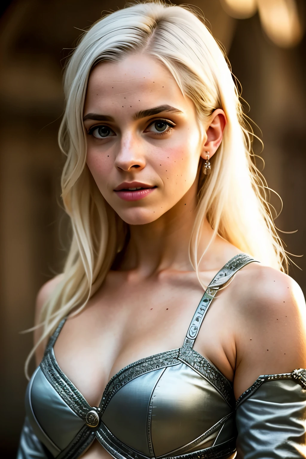 photo mid shot solo portrait of [Olivia Wilde] as [Daenerys Targaryen] as a real-life version of (Daenerys Targaryen), Targaryen white hair, with (sexy dress), (sexy neckline), charming smile, by Hubert Robert and Alex Timmermans ultra realistic highly detailed intricate photorealistic style photography sharp focus on the eyes, cinematic lighting