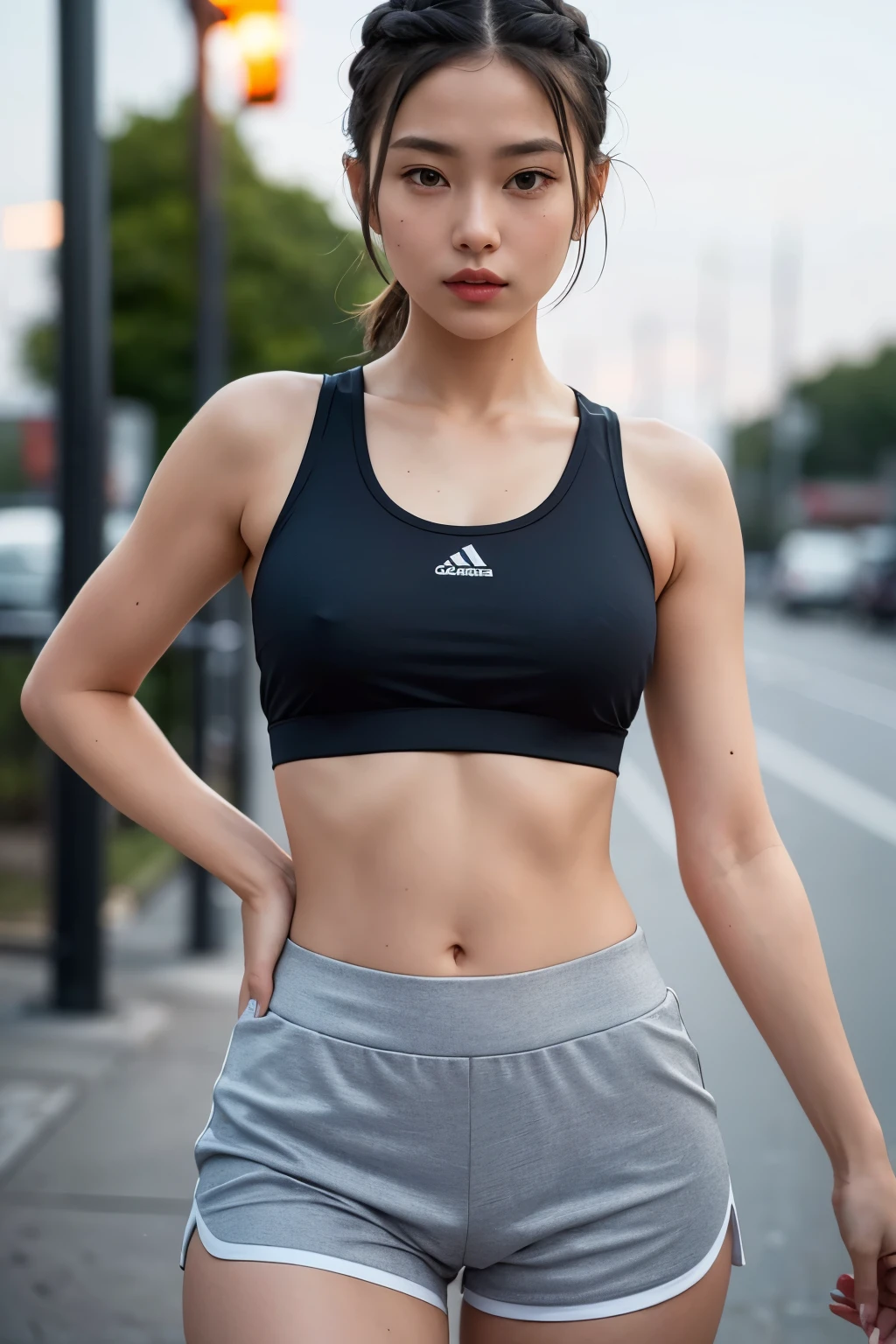 Gorgeous and cute Austrian girl, (casually dressed in a cropped top), with steel gray hair loose-braided to the side, wears a white top and black shorts. Her sport bra peeks out from underneath, complementing her stylish sportswear. Sport bra and shorts form a snug fit, accentuating her athletic build.
Amidst sport clothing, she dons a track and field suit. The seamless fusion of fashion and function lies in her activewear. Fit and agile, she appears in a bra and shorts streetwear, completing her trendy look. In the background, a street light pole casts a soft glow on the dimly lit, secluded