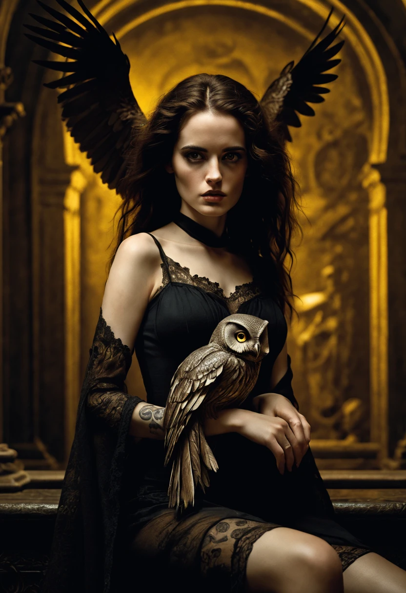 Helmut Newton and Jan Saudek style photo shoot with a dark fantasy bias, young Eva Green as Hermione Granger with black owl, clothing only tattoos and sexy lingerie , lots of details, filled with mysterious artifacts, surrounding darkness, monochrome plus yellow, atmospheric and dramatic lighting of light shades in dark key, perfect composition aligned with golden ratio, intricate like octane rendering on trend on ArtStation, 8K resolution, photorealistic concept art, perfect composition, beautiful detailed intricate insanely detailed octane render trending on artstation, 8 k artistic photography, photorealistic concept art, soft natural volumetric cinematic perfect light, chiaroscuro, award - winning photograph, masterpiece, oil on canvas, raphael, caravaggio, greg rutkowski, beeple, beksinski, giger