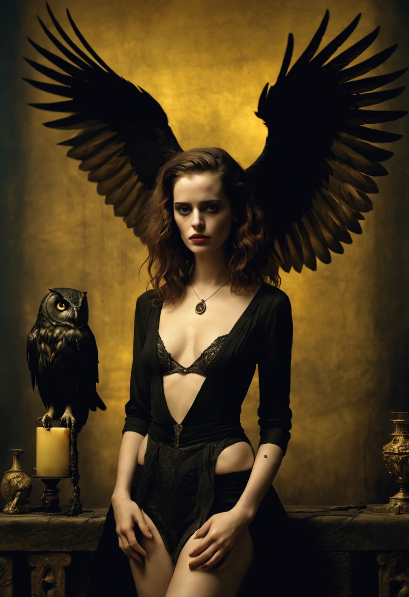 Helmut Newton and Jan Saudek style photo shoot with a dark fantasy bias, young Eva Green as Hermione Granger with black owl, clothing only tattoos and sexy lingerie , lots of details, filled with mysterious artifacts, surrounding darkness, monochrome plus yellow, atmospheric and dramatic lighting of light shades in dark key, perfect composition aligned with golden ratio, intricate like octane rendering on trend on ArtStation, 8K resolution, photorealistic concept art, perfect composition, beautiful detailed intricate insanely detailed octane render trending on artstation, 8 k artistic photography, photorealistic concept art, soft natural volumetric cinematic perfect light, chiaroscuro, award - winning photograph, masterpiece, oil on canvas, raphael, caravaggio, greg rutkowski, beeple, beksinski, giger