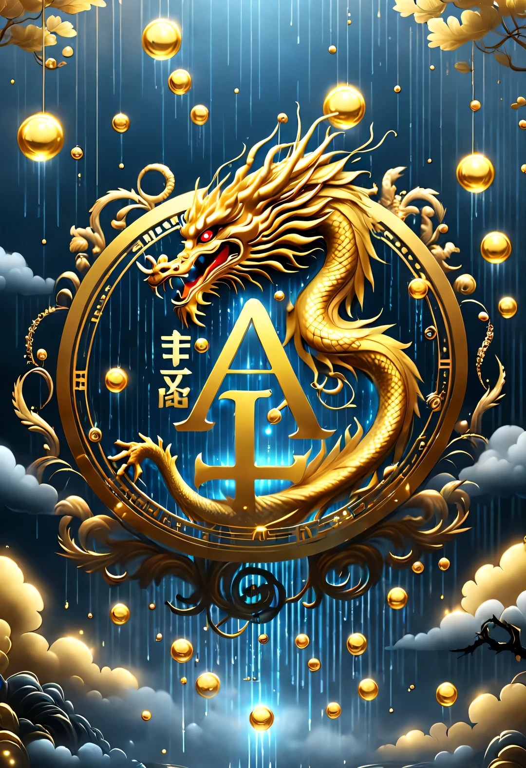 （Crazy rAIn in the sky with lots and lots of golden letters：1.37），Many vertical transparent banners with English letters &Quote;AI&Quote;），Golden transparent English letters &Quote;AI&Quote; ，Display English letters vertically &Quote;AI&Quote; ，There is a golden Chinese dragon inside a small circle in the center，Dynamic action style，Background blue simple technology beam