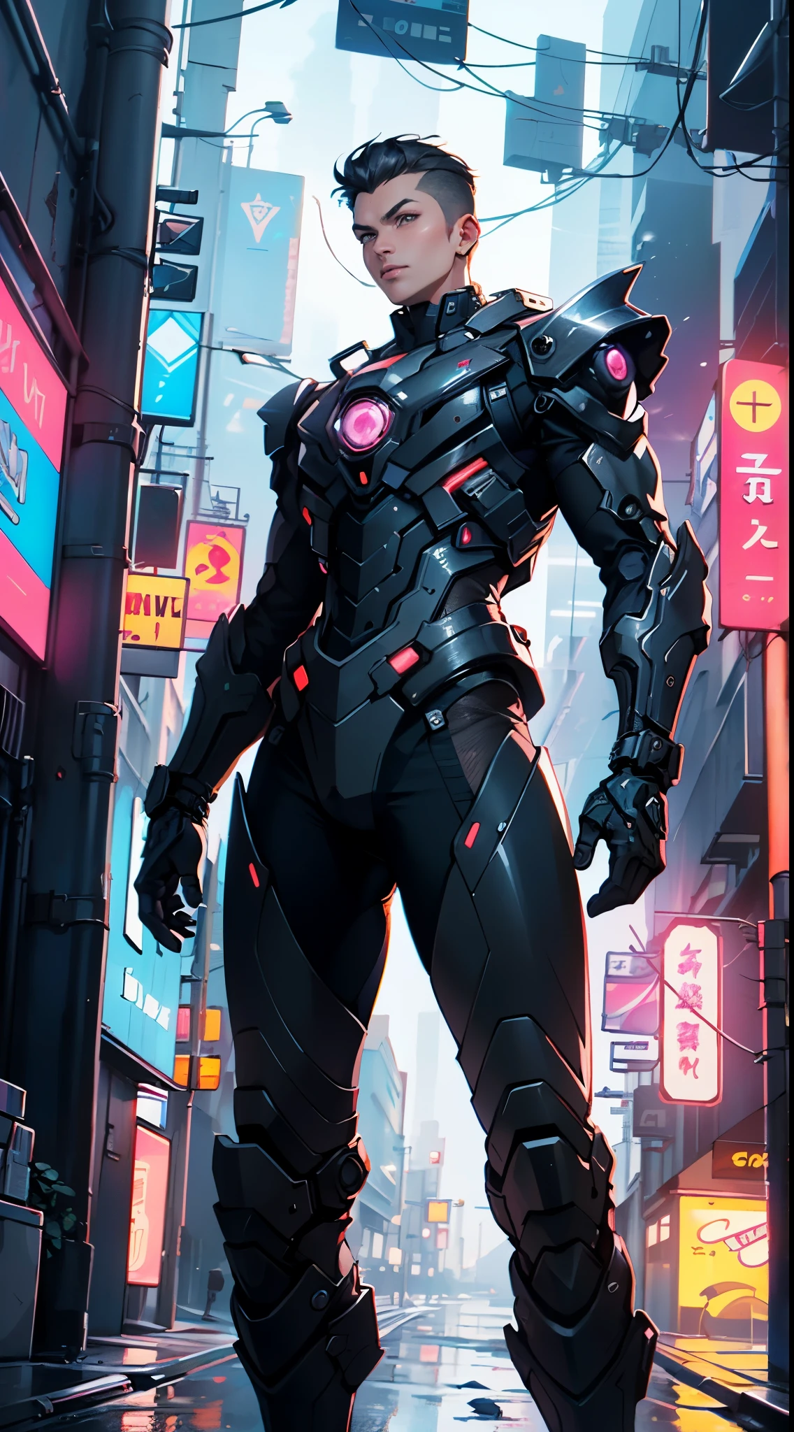 armored, stealth, Character design, Highly detailed, Intricate details,Mechanical wonder, Cyberpunk, Cybernetic Guardian,male form,
(dynamic pose:1.0),solo focus,(centered,scale to fit dimensions,Rule of thirds),
cyberpunk city by the ocean at night, with bright neon signs and dark stormy clouds and puddles, scenery:1.25,
highres, sharp focus, (ultra detailed, extremely detailed), (photorealistic artwork:1.37),(extremely detailed CG unity 8k wallpaper),((synthwave background theme)),(((vibrant colors))),(intricate background),(masterpiece),(best quality),